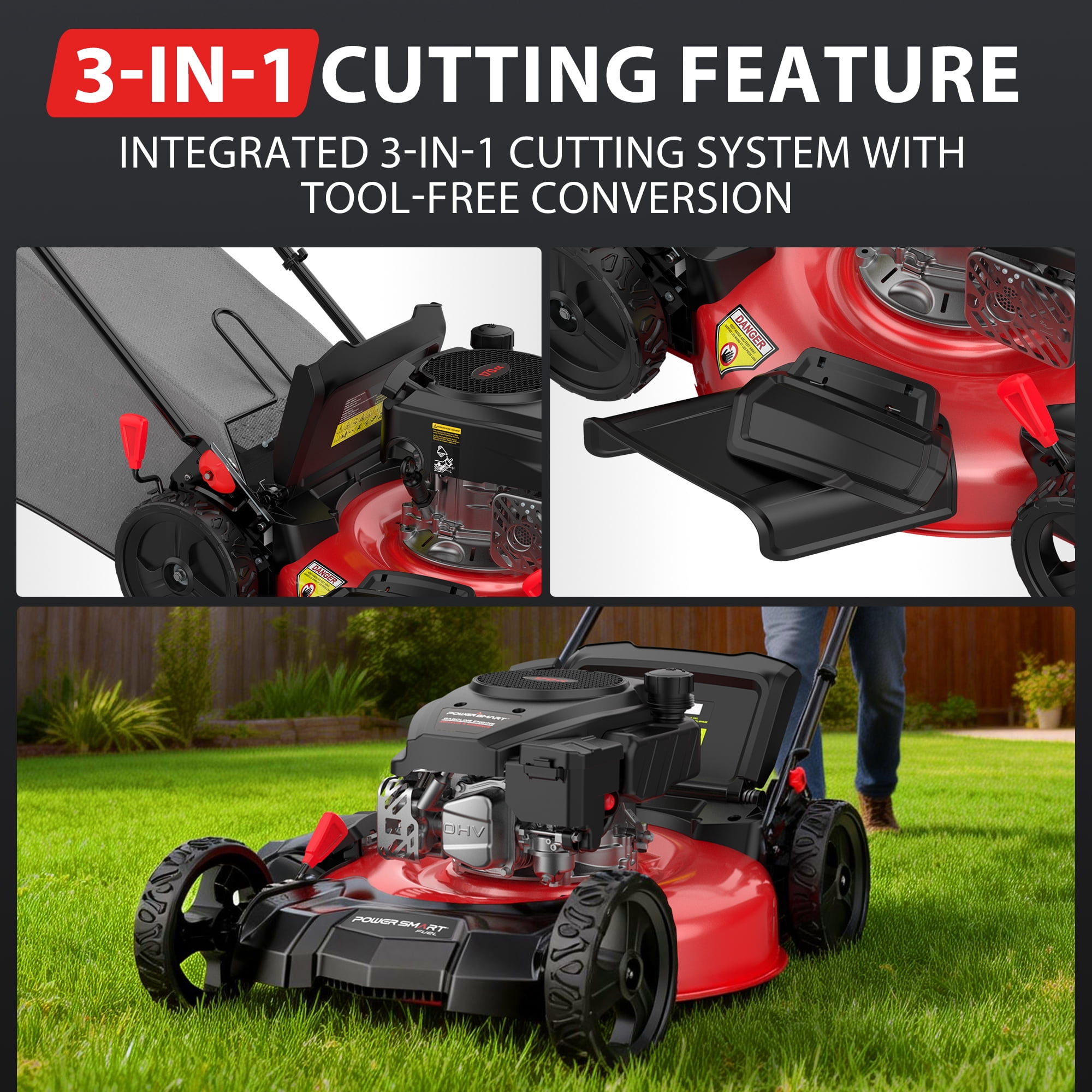 PowerSmart 21-Inch 3-in-1 Gas Lawn Mower, High-Manganese Steel Blade, 6-Height Adjustment (Red, 21 in) jc4pz