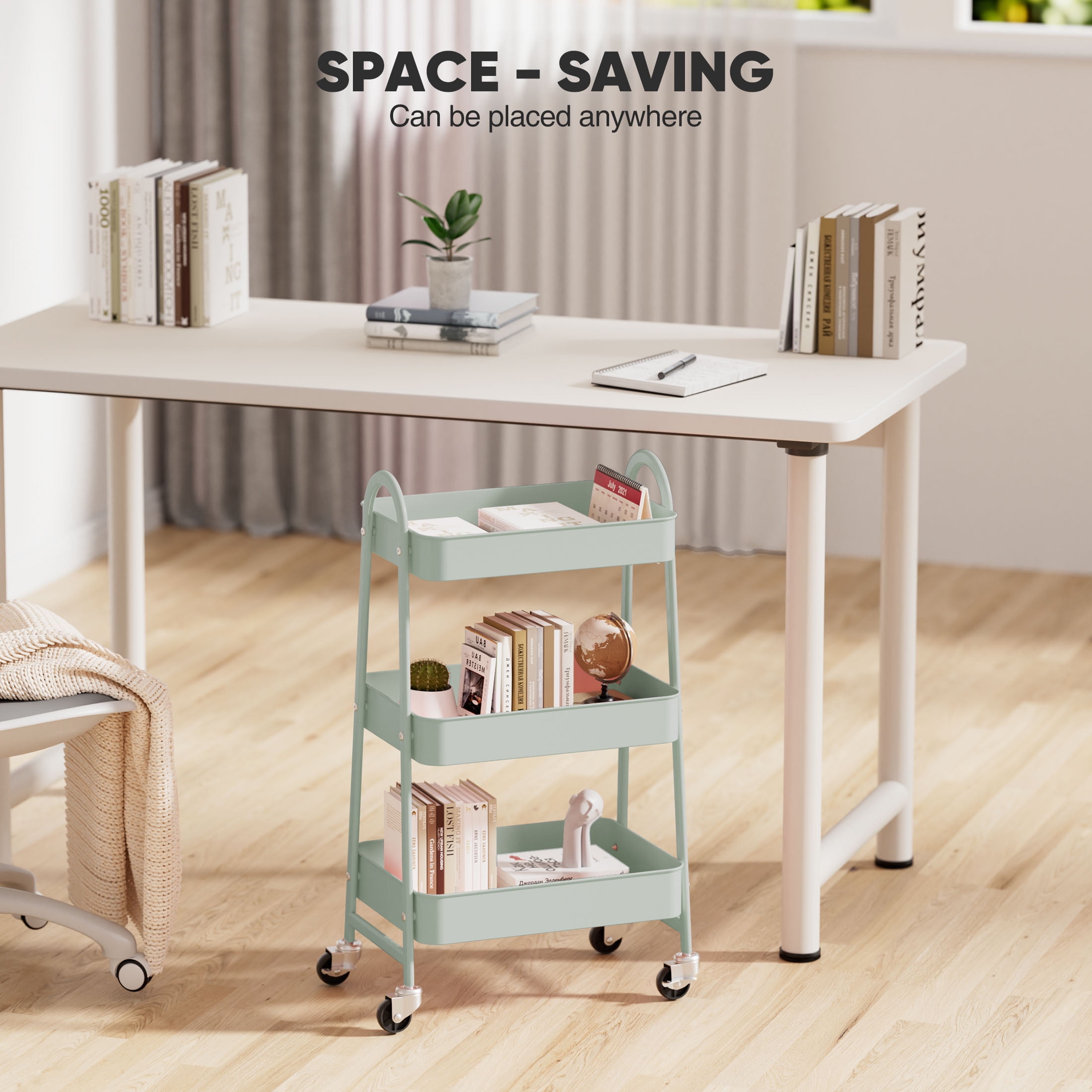 edx 3 Tier Rolling Utility Storage Cart, Heavy-Duty Metal Organizer with Lockable Wheels (Green, 15.83 in x 12.04 in x 31 in) ltwe8