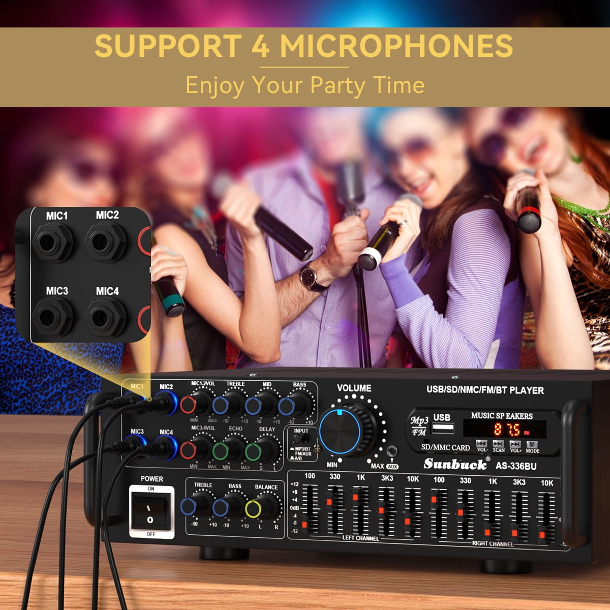 Topteng Stereo Receiver Amplifier with Bluetooth 5.0, 2000W HiFi Home Theater Audio System, 4 Mic Inputs, FM, USB, SD, AUX (Black, 11.4x3.7x9.4 in) dacqh