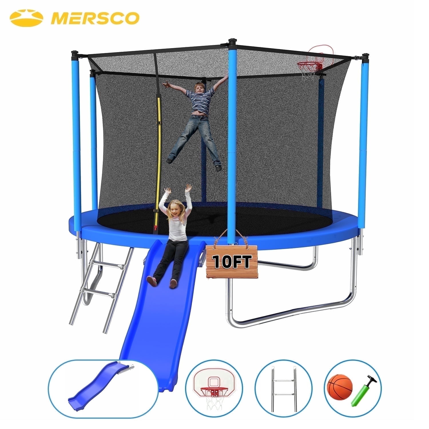 Mersco 10 ft Heavy Duty Outdoor Trampoline with Enclosure Net, Slide, and Basketball Hoop (Blue, 10 ft) 7vhxm