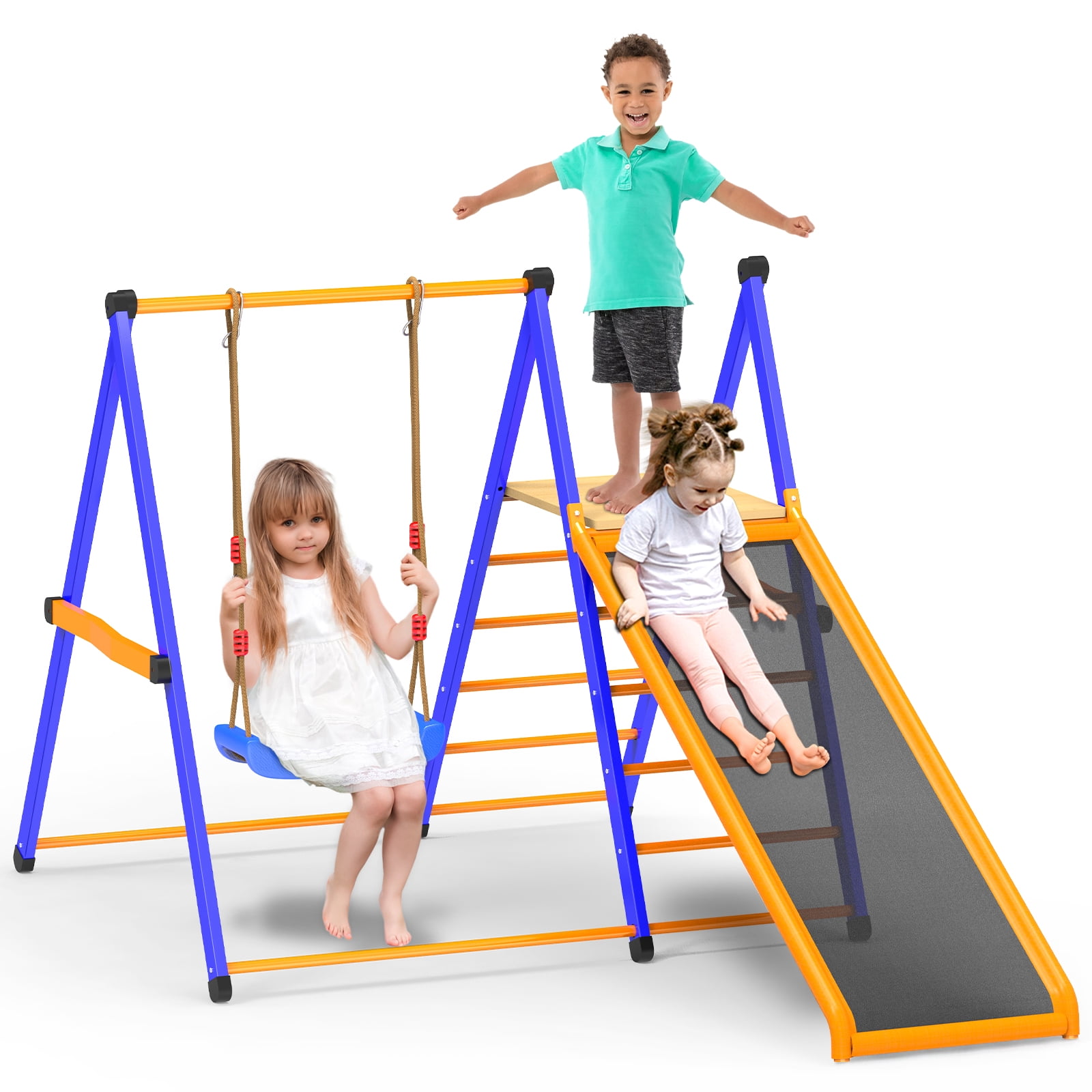 XIEWEI 4-in-1 Indoor Jungle Gym Playset with Swing and Slide, Durable Metal Climber for Kids (Blue, 400 lb Capacity) 39wmj