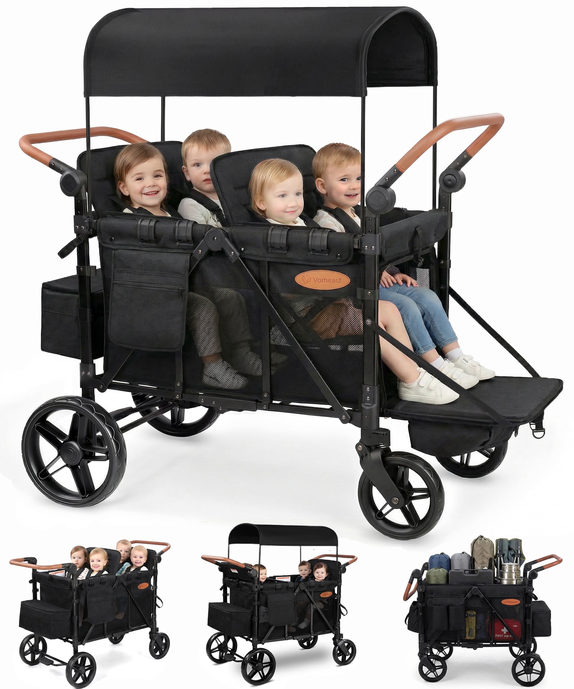 Vomeast 4-Seater Wagon Stroller for Kids, All-Terrain Outdoor Utility Stroller with Canopy and 5-Point Harness (Black, 41.34 x 28.35 x 53.94 in) 1xner