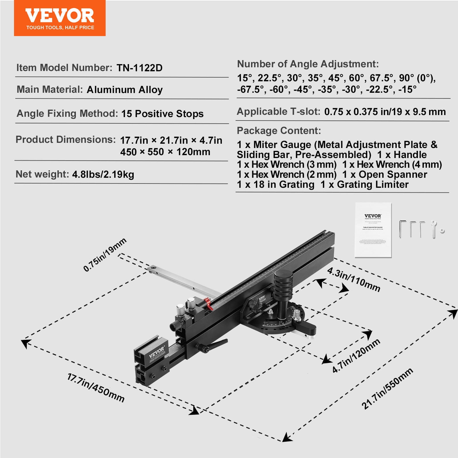 VEVOR Precision Miter Gauge for Table Saw, Aluminum Alloy Woodworking Tool with 15 Angle Stops and Adjustable Spring Loaded Plunger (Black, 19-35 in) 8z6sn