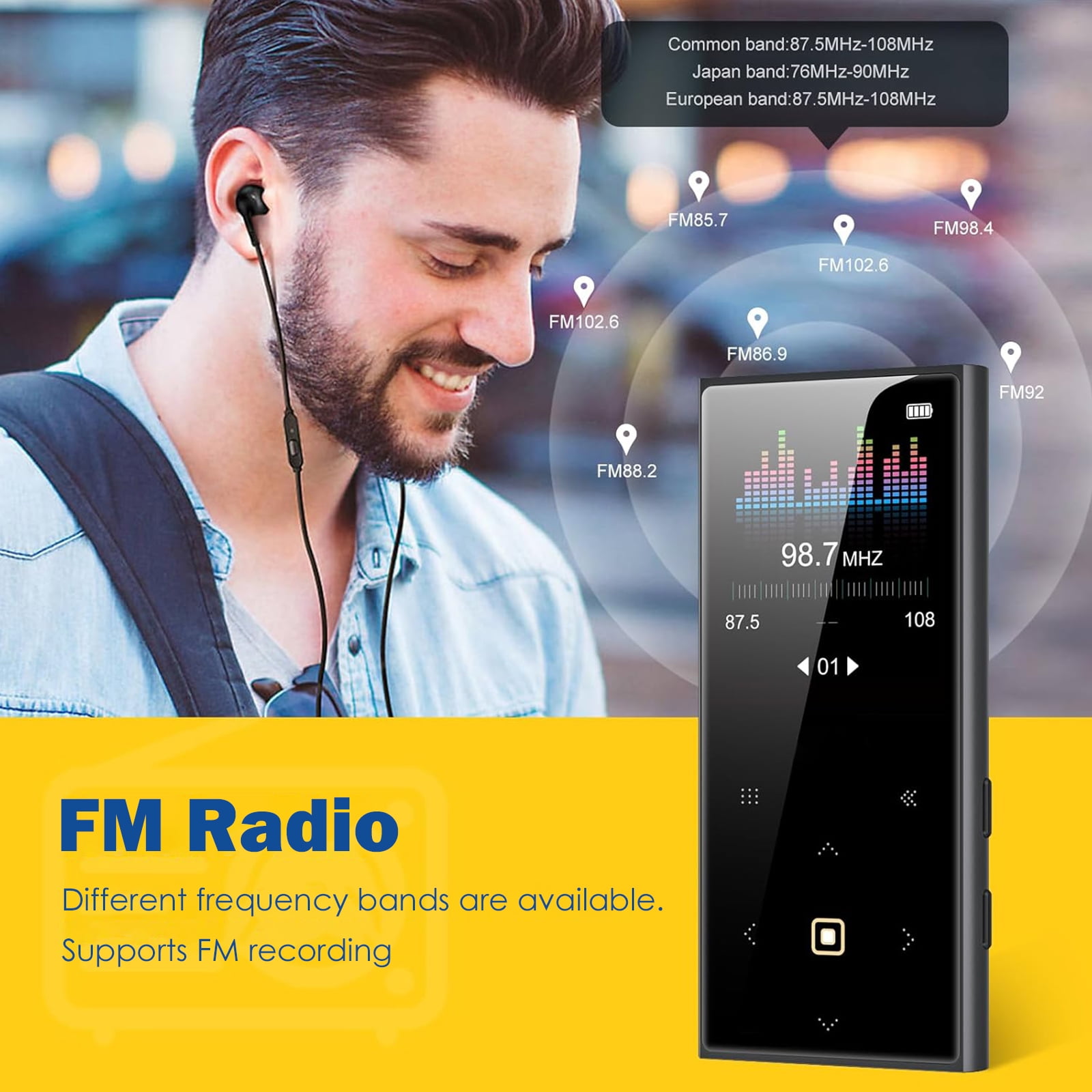 OAZOUF 32GB MP3 Player with Bluetooth 5.0, Portable Digital Music Player with 2.4 in Color Screen, FM Radio, Voice Recorder (Black, 32GB) p1afd