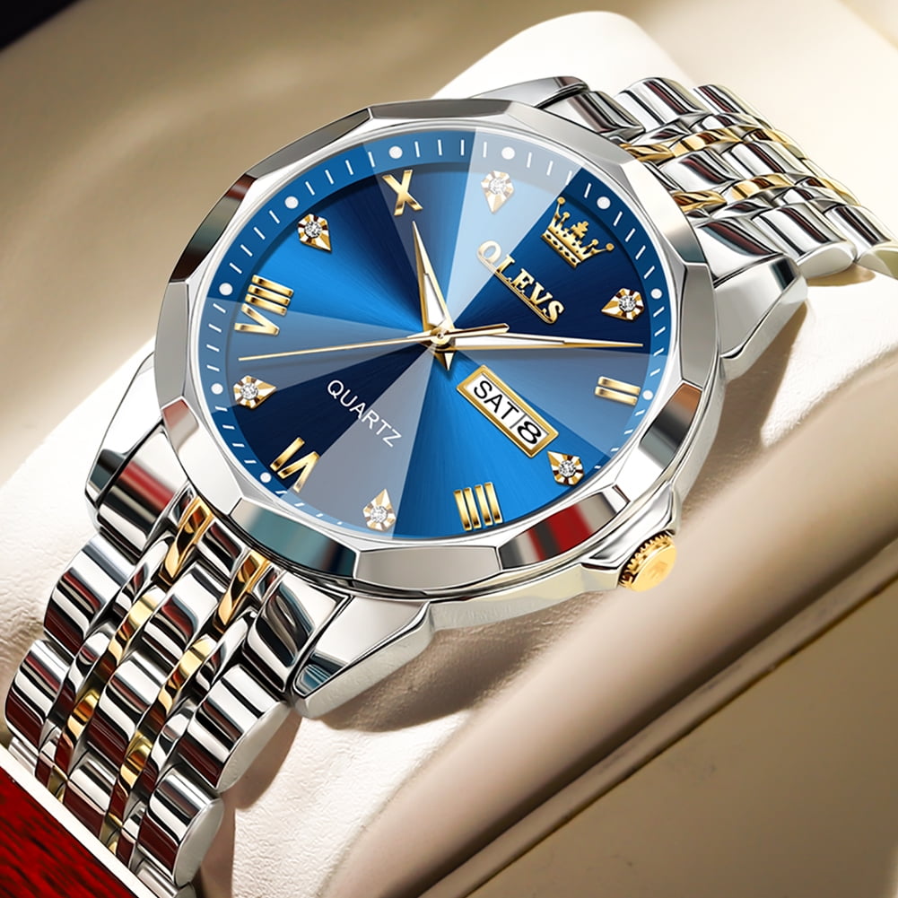 OLEVS Men's Diamond Analog Quartz Dress Watch Stainless Steel Waterproof Business Wristwatch (Blue, 1.6 in) fduvn