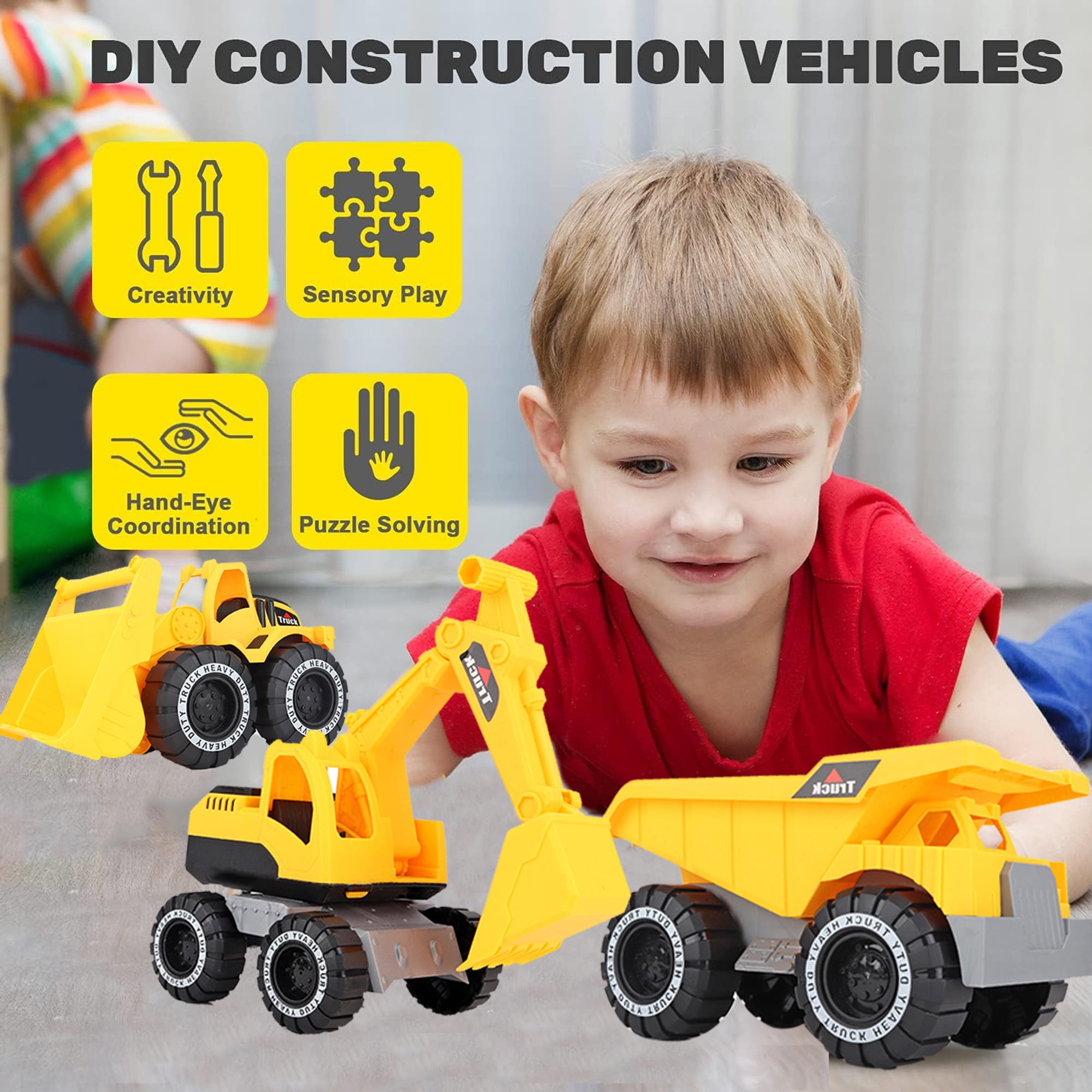 Facvoer Construction Vehicle Toy Set, Realistic Excavator, Dump Truck, and Loader for Sandbox Play (Yellow, 3-Piece Set) tkc4l