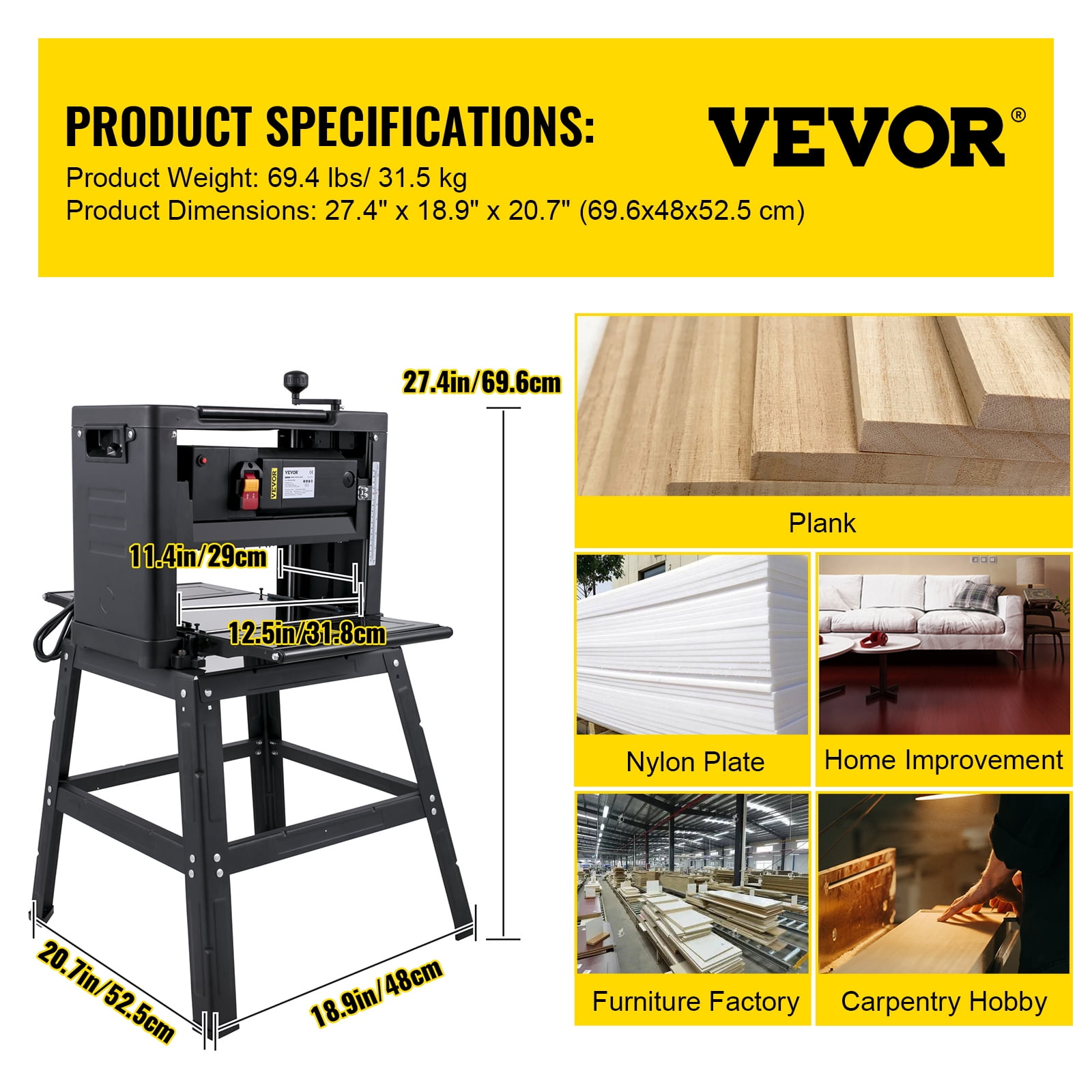 VEVOR Benchtop Thickness Wood Planer, 12.5 in Cutting Width, 1500W Motor with Detachable Stand (12.5 in) 1jvsj