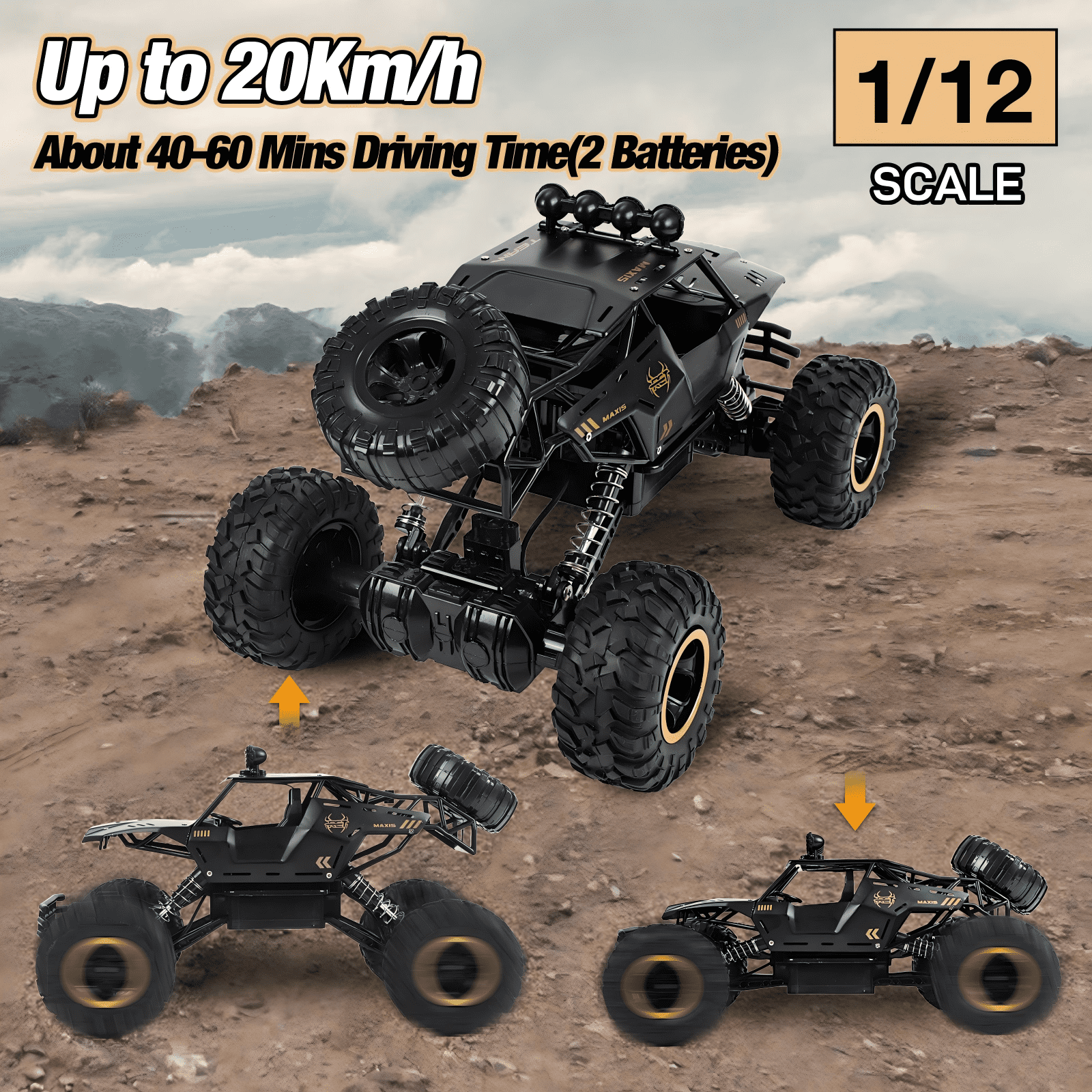 Wisairt 1:12 Scale RC Monster Truck, 4WD Remote Control Off-Road Vehicle with Alloy Body (Black, 1:12 Scale) i4gm9
