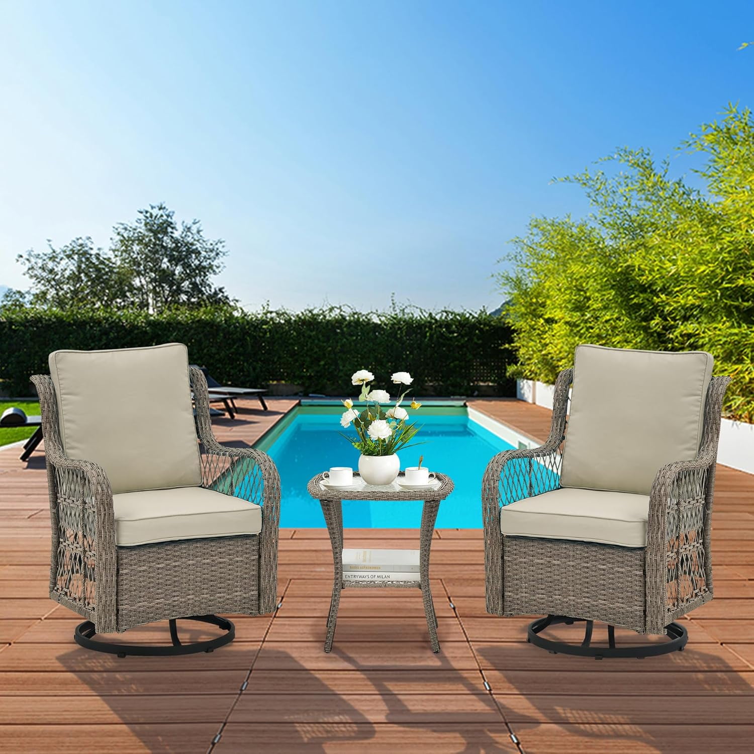 IdealHouse 3-Piece Wicker Patio Swivel Rocker Set (Grey & Apricot, 2 Glider Chairs with Side Table) 9tsuc