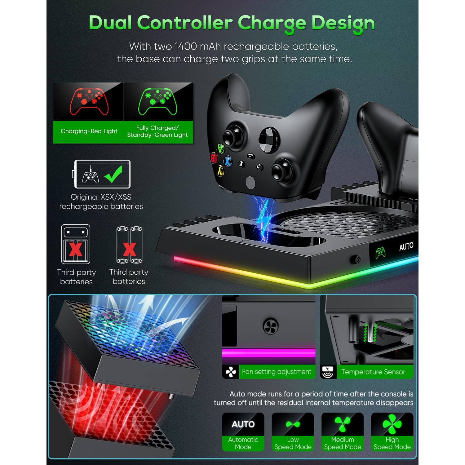 Prociv Xbox Series X Cooling Fan and Charging Station with RGB Lighting (Black, 1-Pack) rswkf