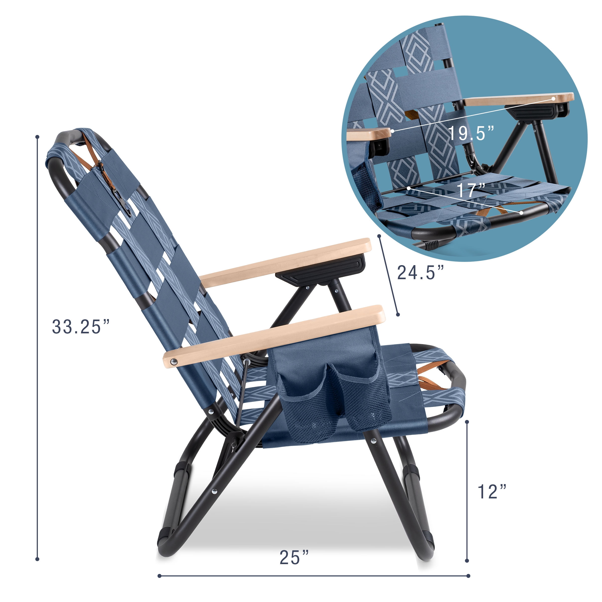 CleverMade KOVE Outdoor Lounge Chair, Adjustable Reclining Portable Seat with Carrying Strap (Ocean/Cognac, 1 Pack) xdjin