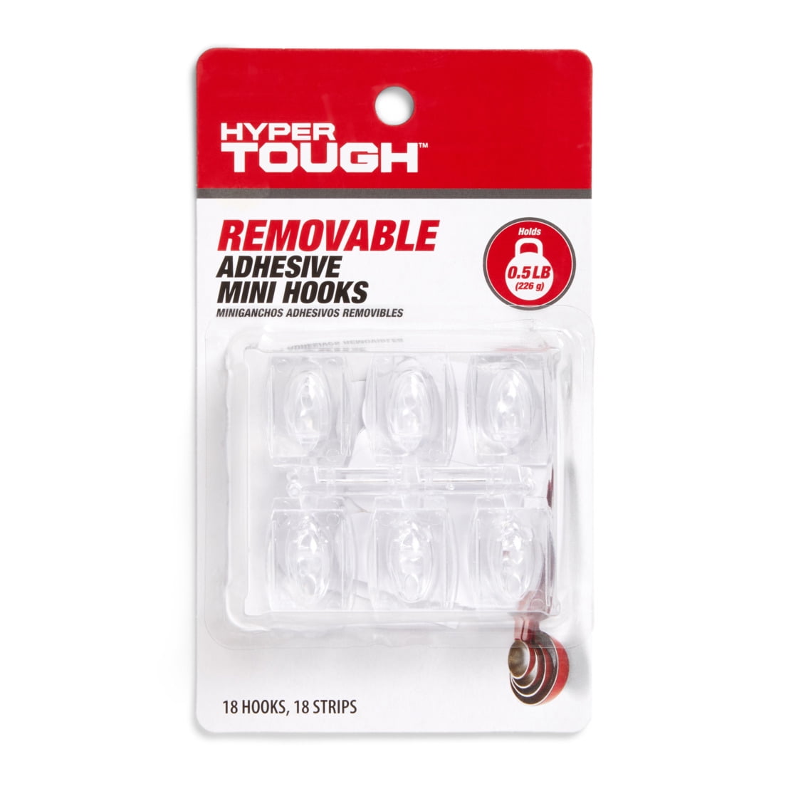 Hyper Tough Mini Removable Self-Adhesive Hooks, Damage-Free Wall Mount for Home Organization (Clear, 18 Pack, 0.5 lb Capacity) wko4u