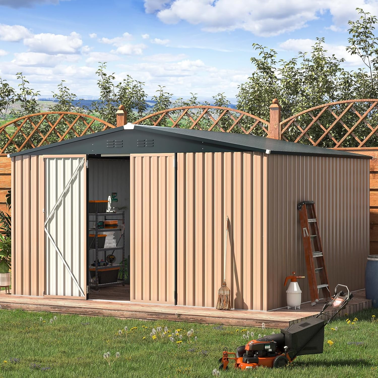 AECOJOY Outdoor Storage Shed, Weather-Resistant Galvanized Steel Garden Building with Lockable Double Doors (Brown, 12 ft x 10 ft) 8jmiy