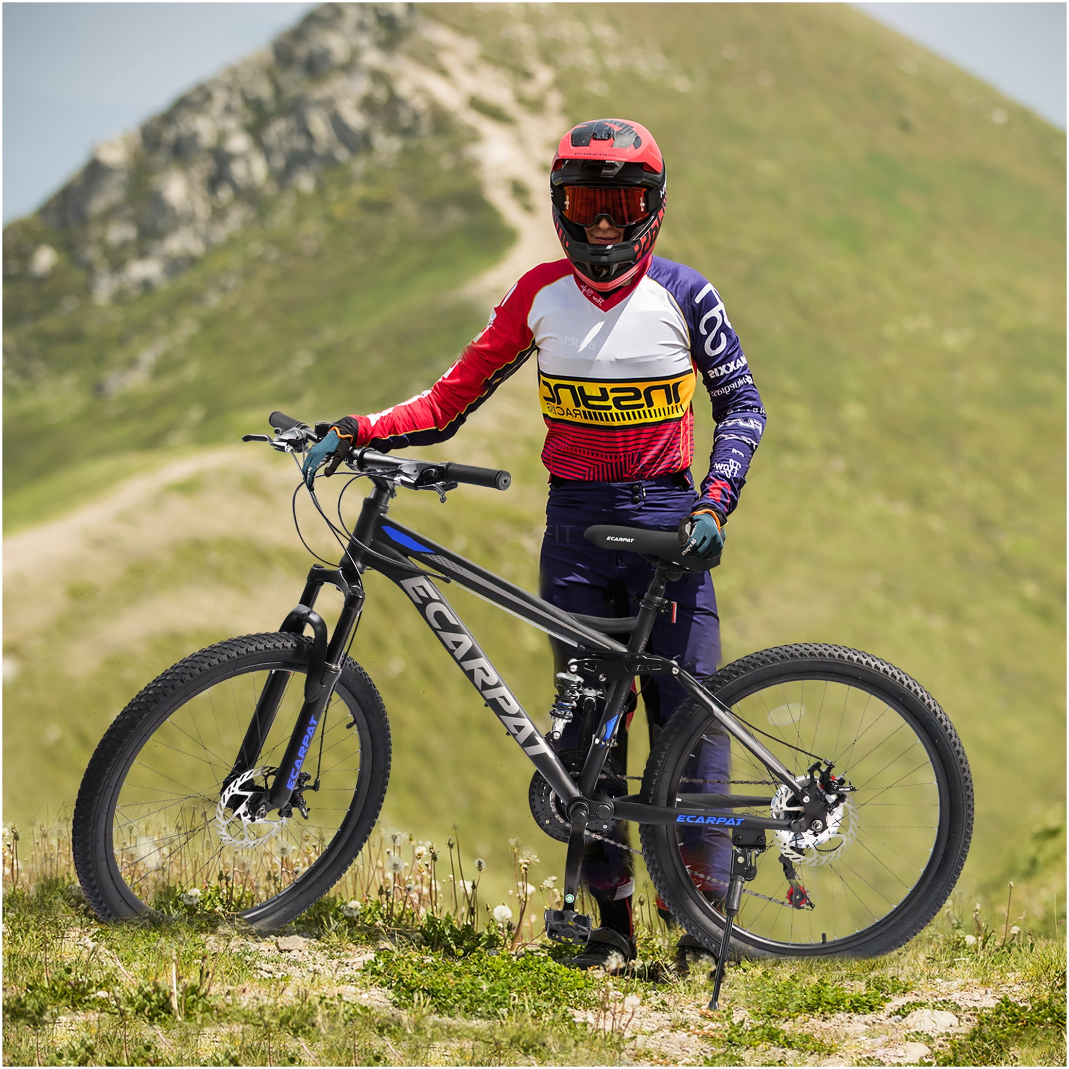 JERFIT 26 Inch Mountain Bike, Full Suspension All-Terrain Bicycle with 21 Speed Gearing and Dual Disc Brakes (Black, 26 in) h9fg8