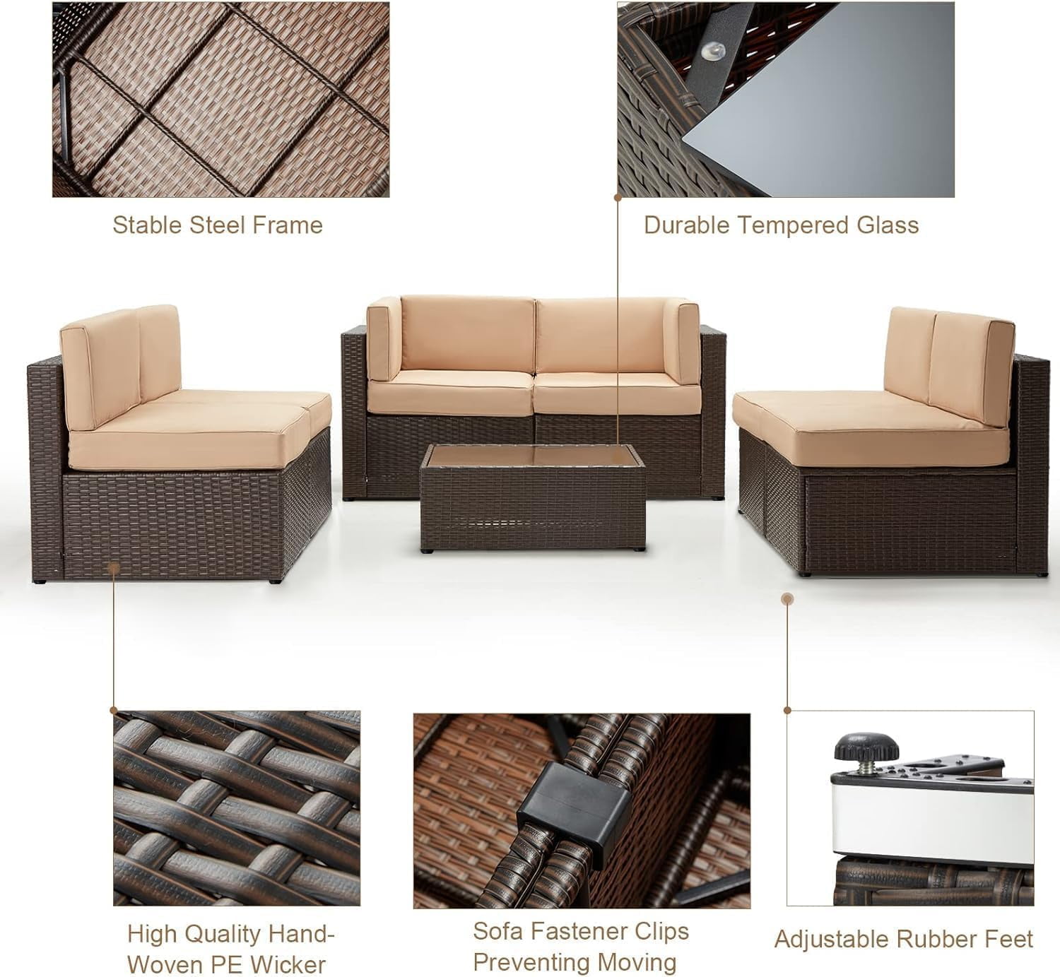 YODOLLA 7-Piece Outdoor Patio Furniture Set with 43 in Fire Pit Table, Rattan Wicker Sectional Sofa Conversation Set (Brown and Beige, 110 in x 54.75 in) 7a43n