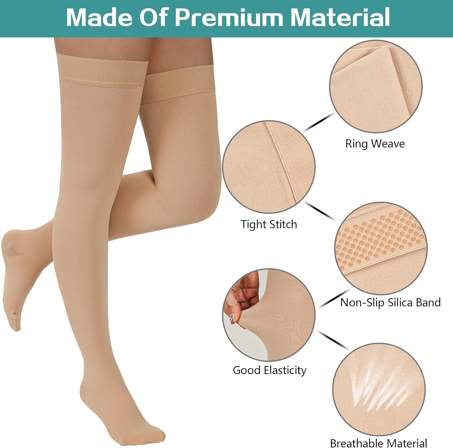 Wukang Thigh High Compression Stockings 20-30 mmHg Closed Toe Support Socks (Beige and Black, 2 Pair Pack) tc00x