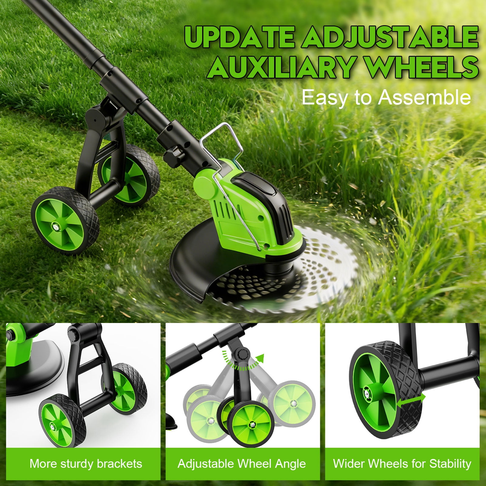 Fovendi Electric Weed Eater, 4-in-1 Cordless Grass Trimmer and Brush Cutter with Wheeled Support (Green, 12 in) 7q6mq