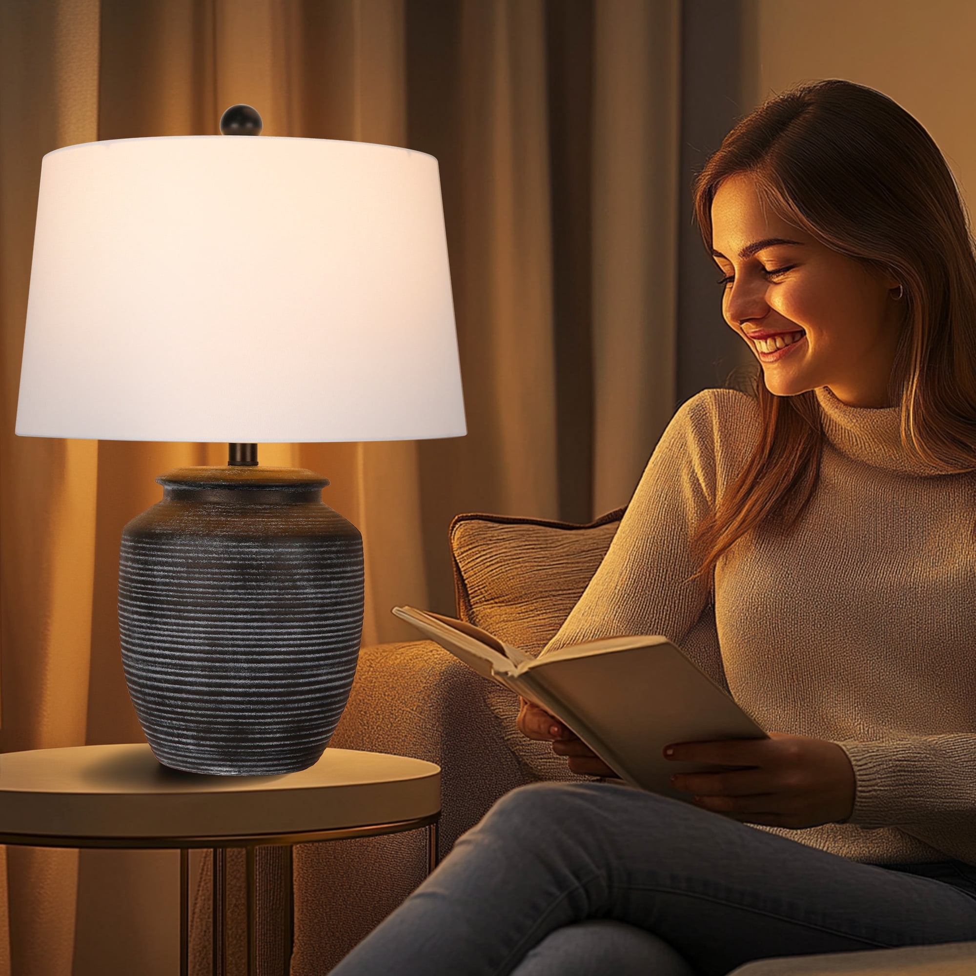SparkGlowy Rustic Ceramic Pot Table Lamp for Bedroom and Living Room (Black, 28 in) vwn43