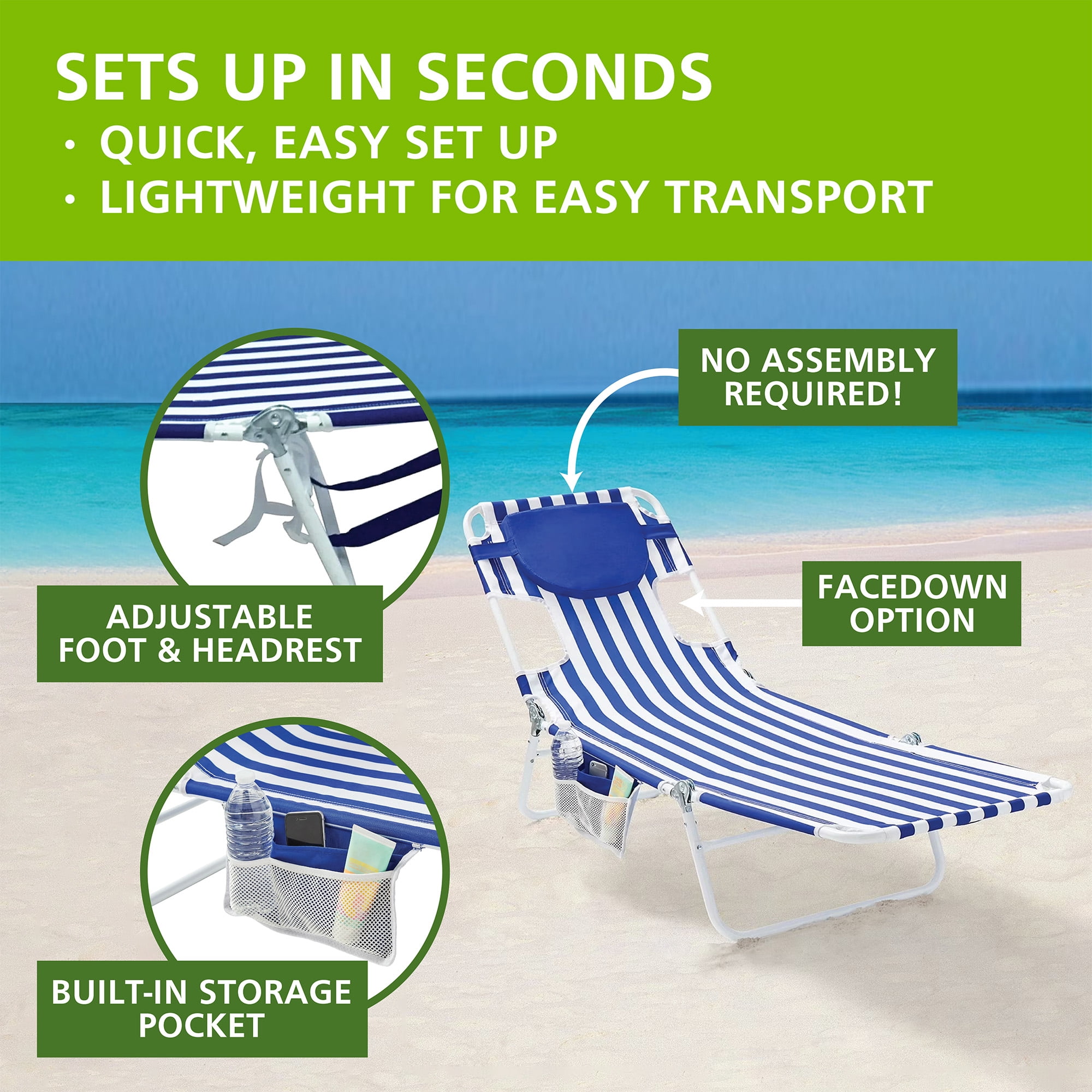 Mainstays Folding Backpack Beach Lounger with Face-Down Design (Blue & White Stripe, 72 in x 22 in) ekohd - Image 4