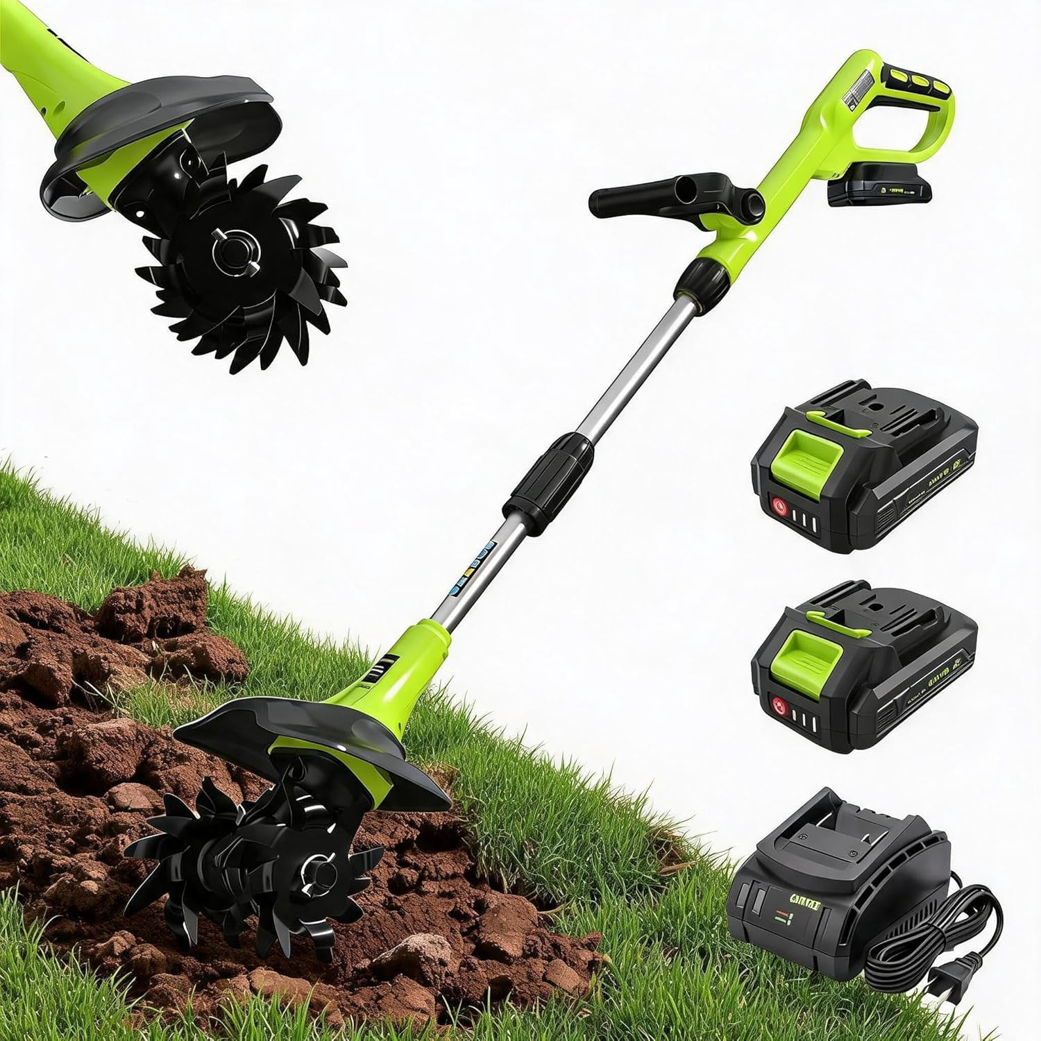 PIONEERWORKS 20V Cordless Electric Garden Tiller, Lightweight Cultivator for Soil Aeration (Green, 8.8 lb) pbgal