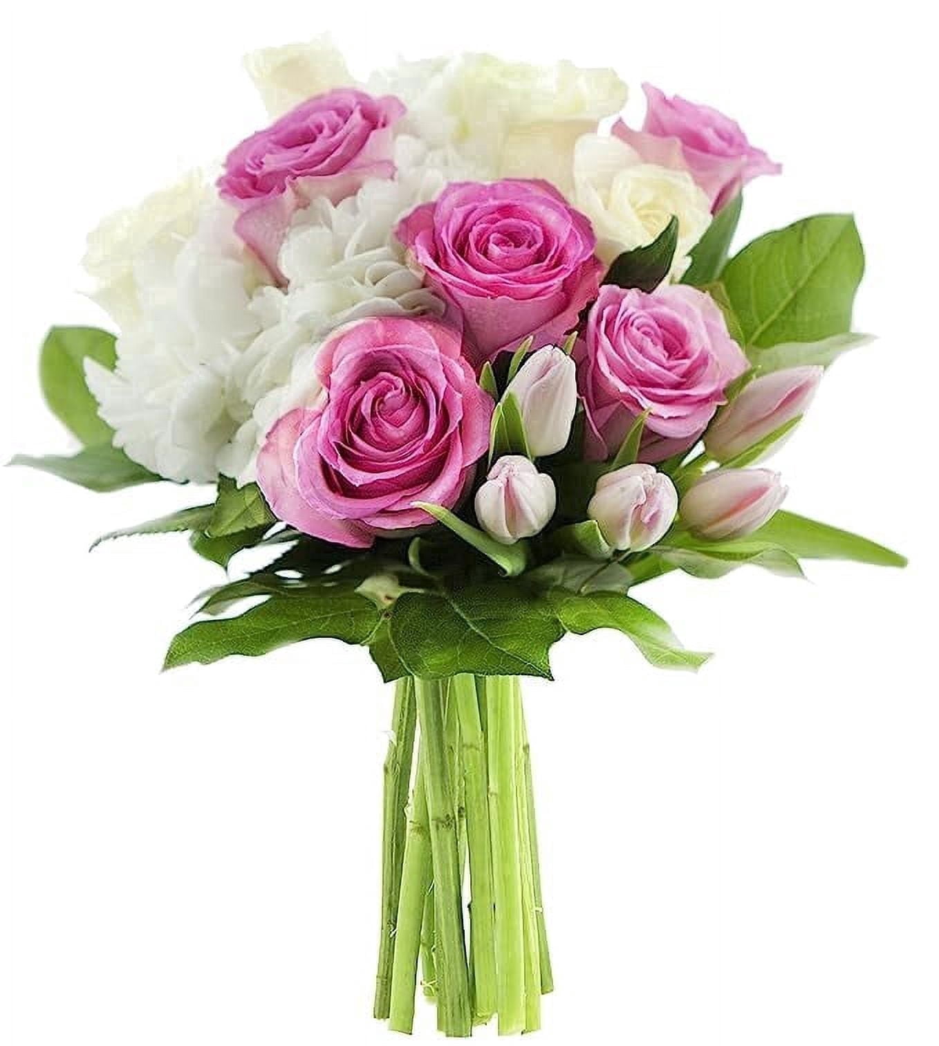 KaBloom Fresh Flower Bouquet with Pink and White Roses, Tulips, and Hydrangeas (18 Stems) 3yl1i