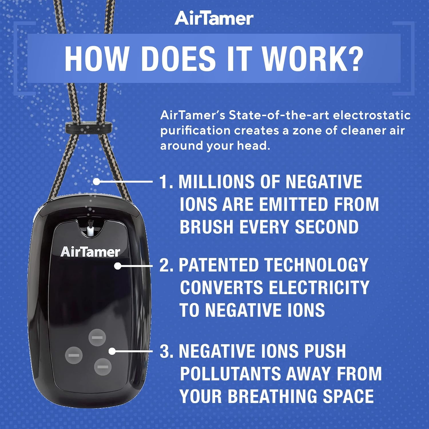 AirTamer A315 Rechargeable Personal Air Purifier, Portable Wearable Ionic Air Cleaner (Black, 1 Unit) kqo5s