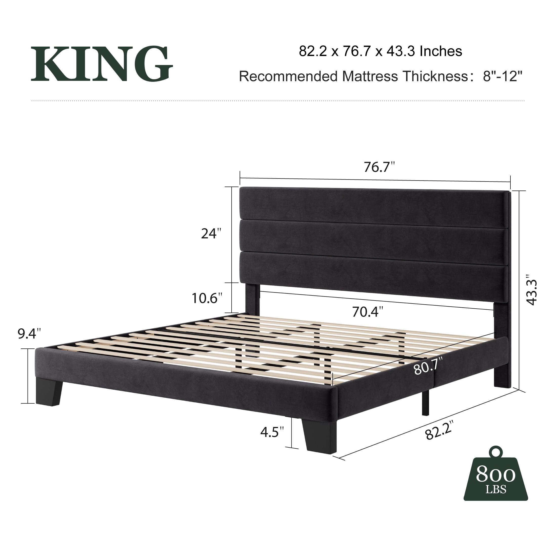 Amolife King Platform Bed Frame, Velvet Upholstered Headboard, Noise-Free Steel Support (Black, King) vul89