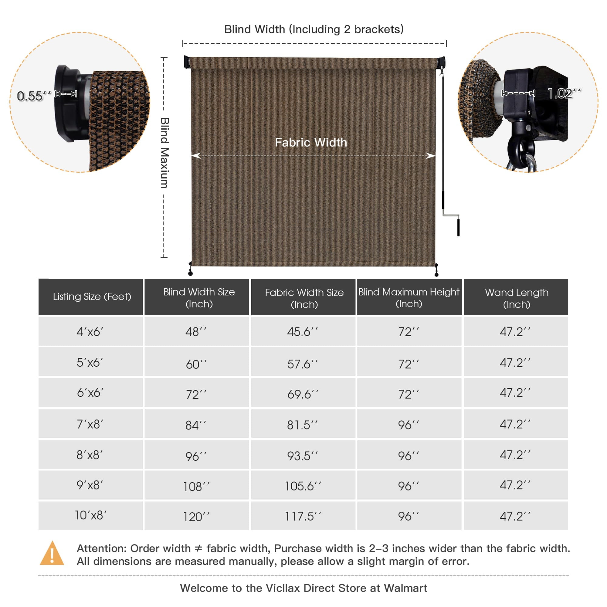 Vicllax Outdoor Sun Roller Shade for Patio Porch with Crank Operation (Mocha, 10 ft W x 8 ft H) aw6gg