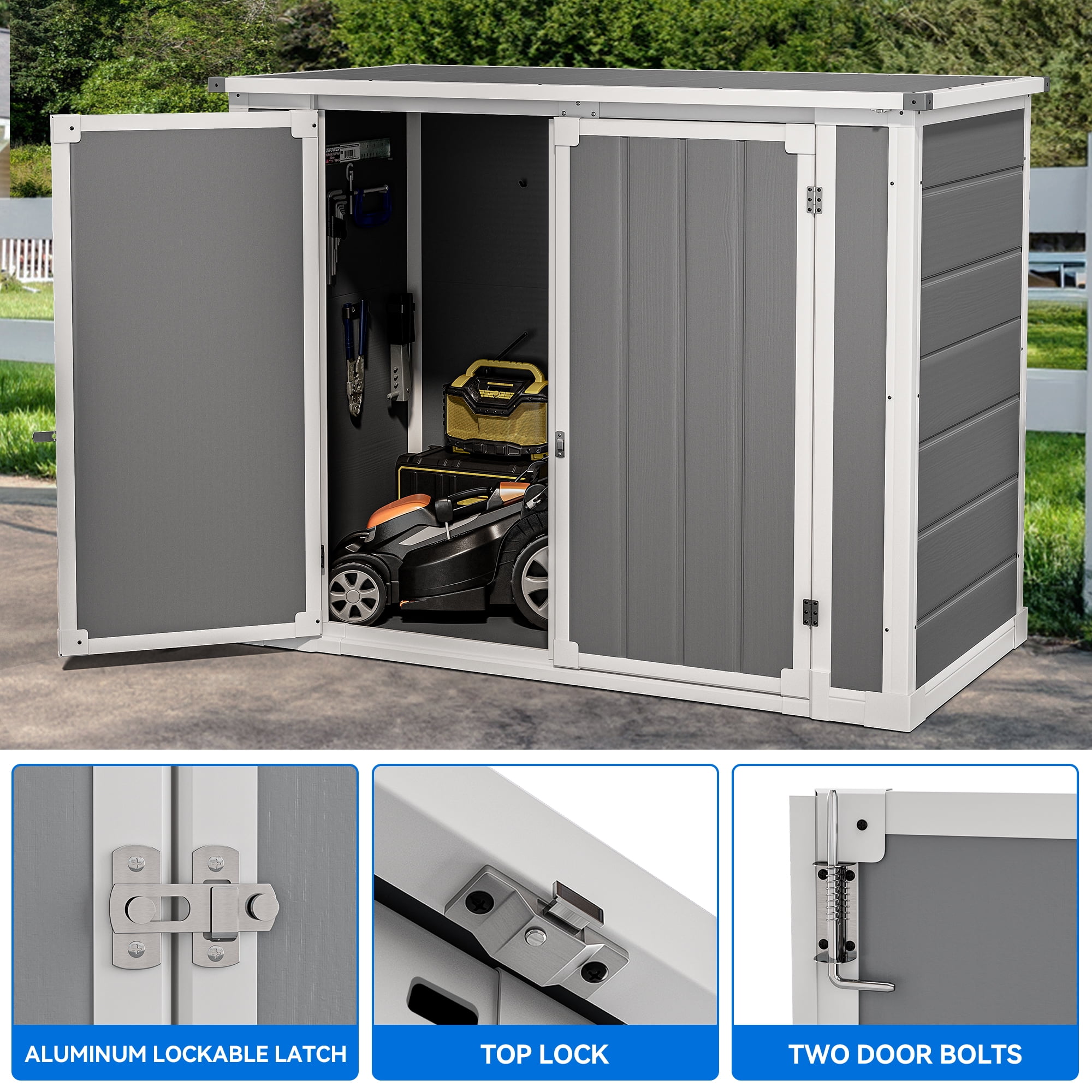 Uforic Outdoor Storage Shed, Weatherproof Resin Garden Cabinet with Hydraulic Struts and Triple Security Locks (Grey, 56 in x 30 in x 43 in) zyjzs