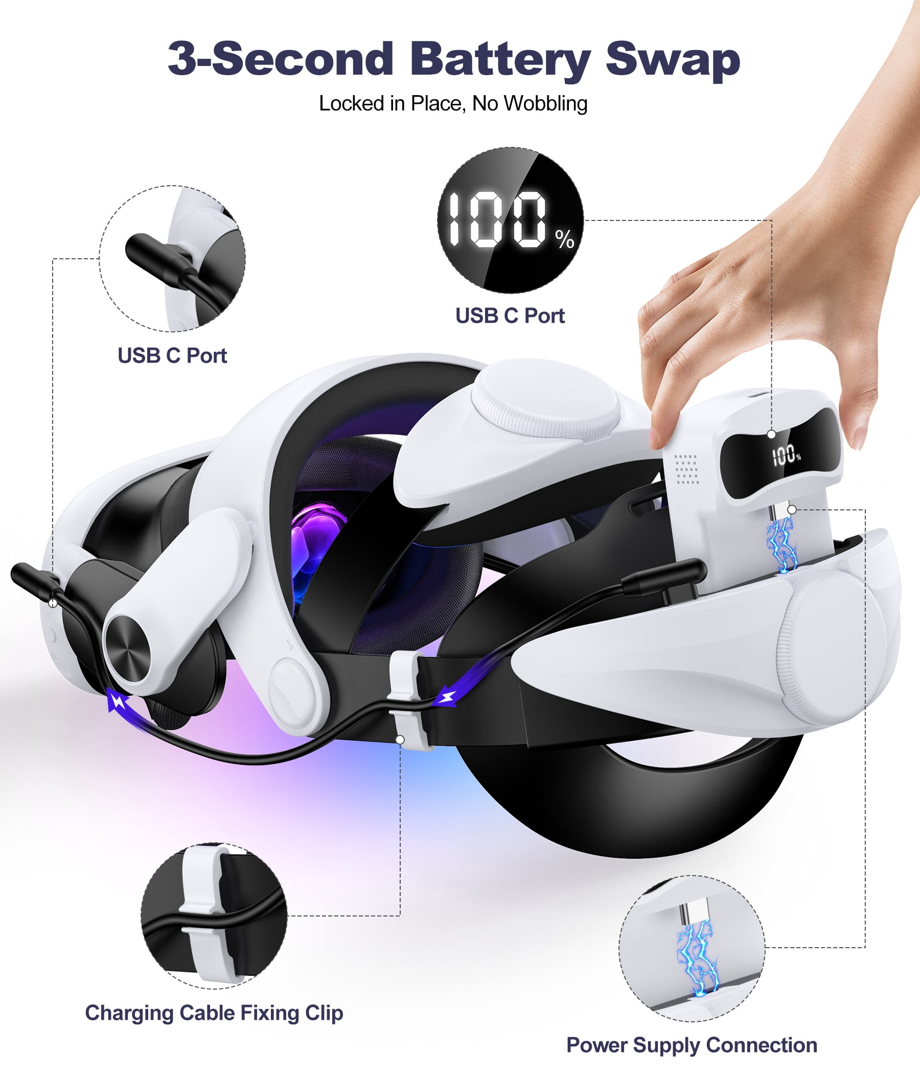 Esywen VR Head Strap with 7500mAh Battery for Meta Quest 3, 3S, and 2 (White, 7500mAh) 2p3hm