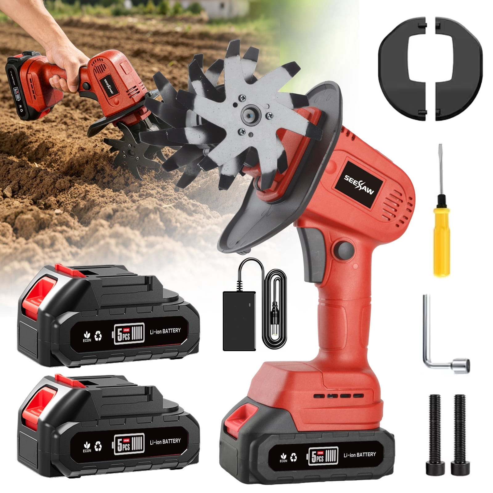 Generic Dual Battery Cordless Garden Tiller (Red, 20 in) gbncv