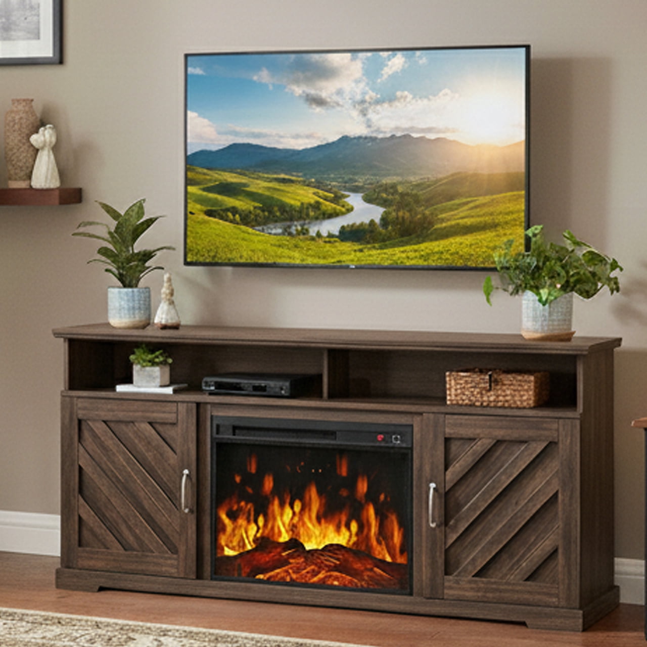CHITOOMA Electric Fireplace TV Stand for 65 70 75 inch TVs, Farmhouse Entertainment Center with 23 in Fireplace (Vintage Brown, 61.81 x 27.95 x 14.17 in) xx9k3