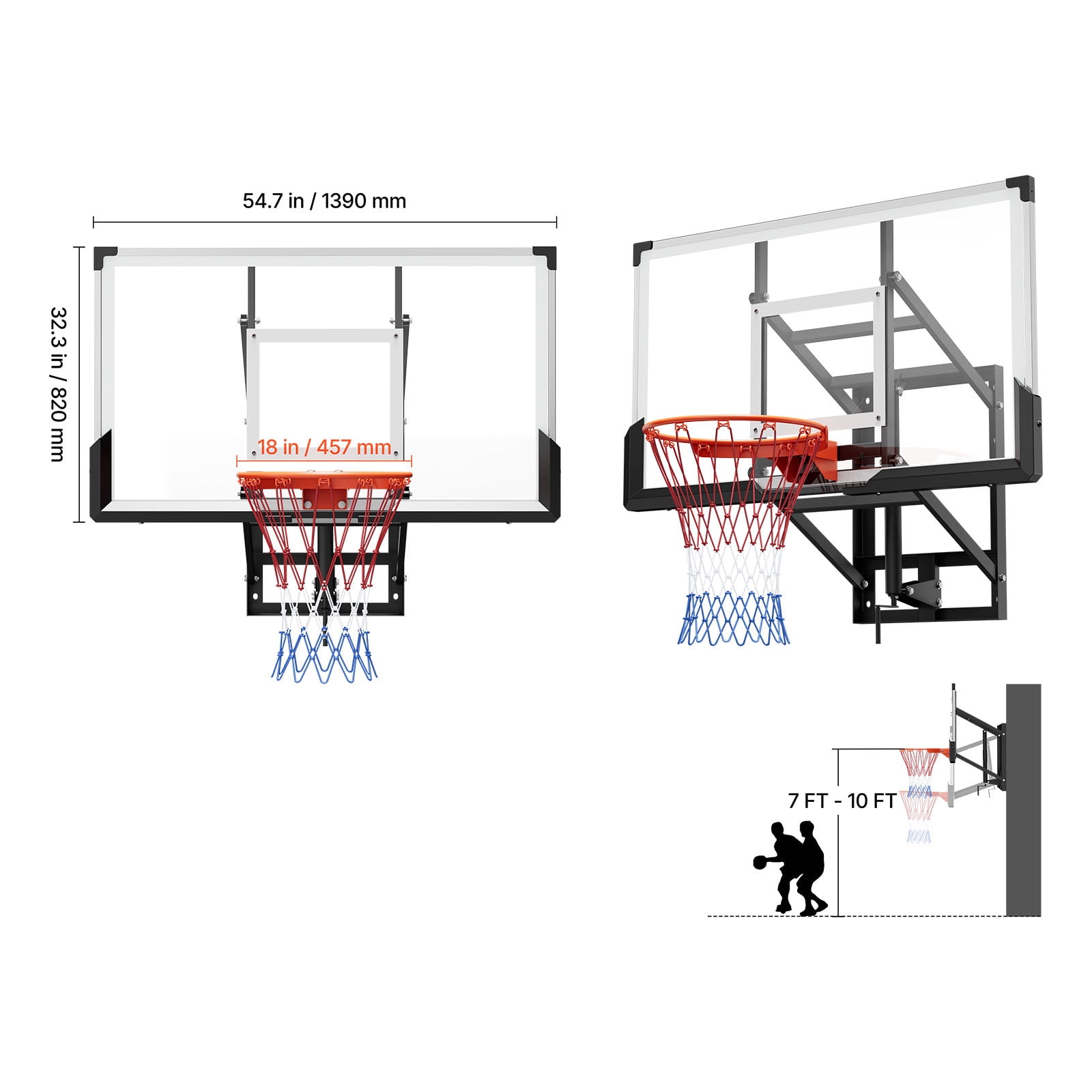 KFFKFF Wall-Mounted Basketball Hoop, 54-inch Polycarbonate Backboard with Hand-Crank Height Adjustment (Black, 54 in) 7t0oe