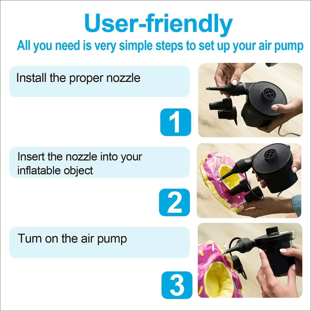 BN-LINK Electric Air Pump, Portable Quick-Fill Inflator and Deflator with 3 Nozzles (Black, 4.64 in x 3.15 in x 3.55 in) tbwzd
