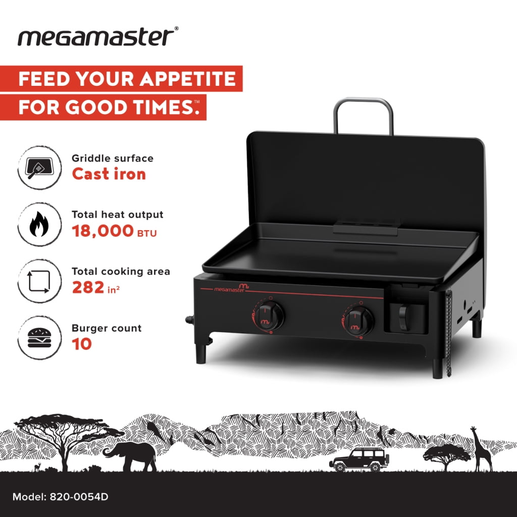 Megamaster 2-Burner Portable Gas Griddle with Built-In Lid, Outdoor Tabletop Propane Grill (Black, 282 sq in) onxqc