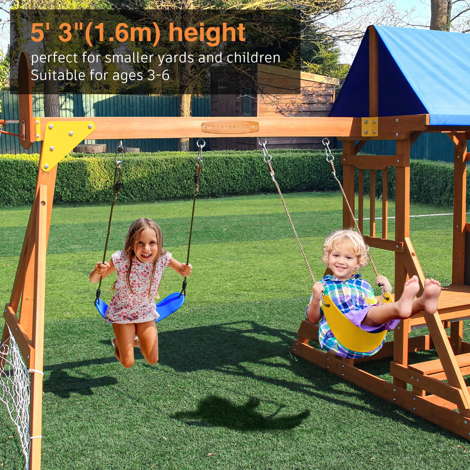 Suniboxi 6-in-1 Wooden Swing Set and Playground Activity Center (Yellow, 26 ft x 20 ft) jx2t3