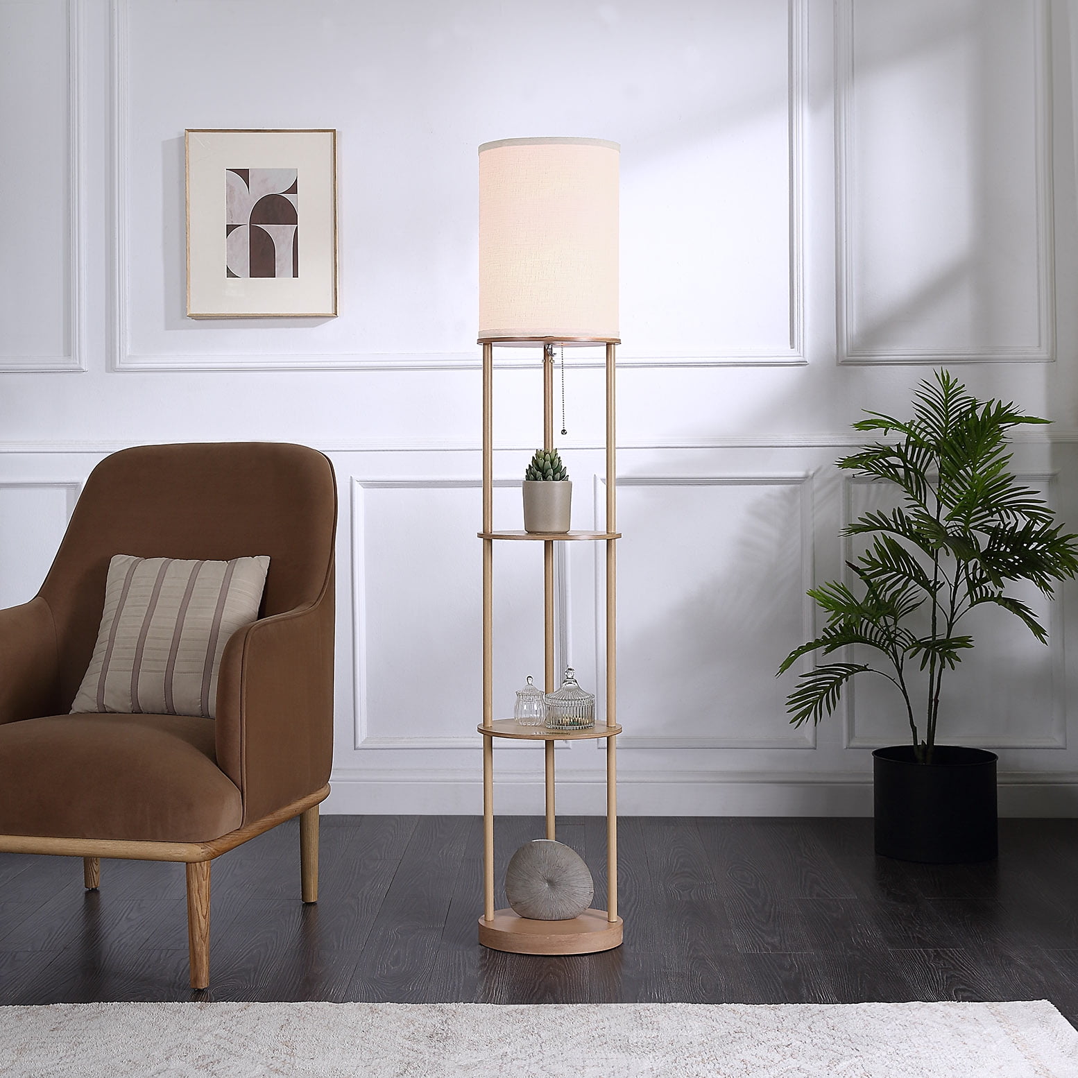 Mainstays Farmhouse Floor Lamp with Shelves, Light Wood Finish (62 in) fs6a5
