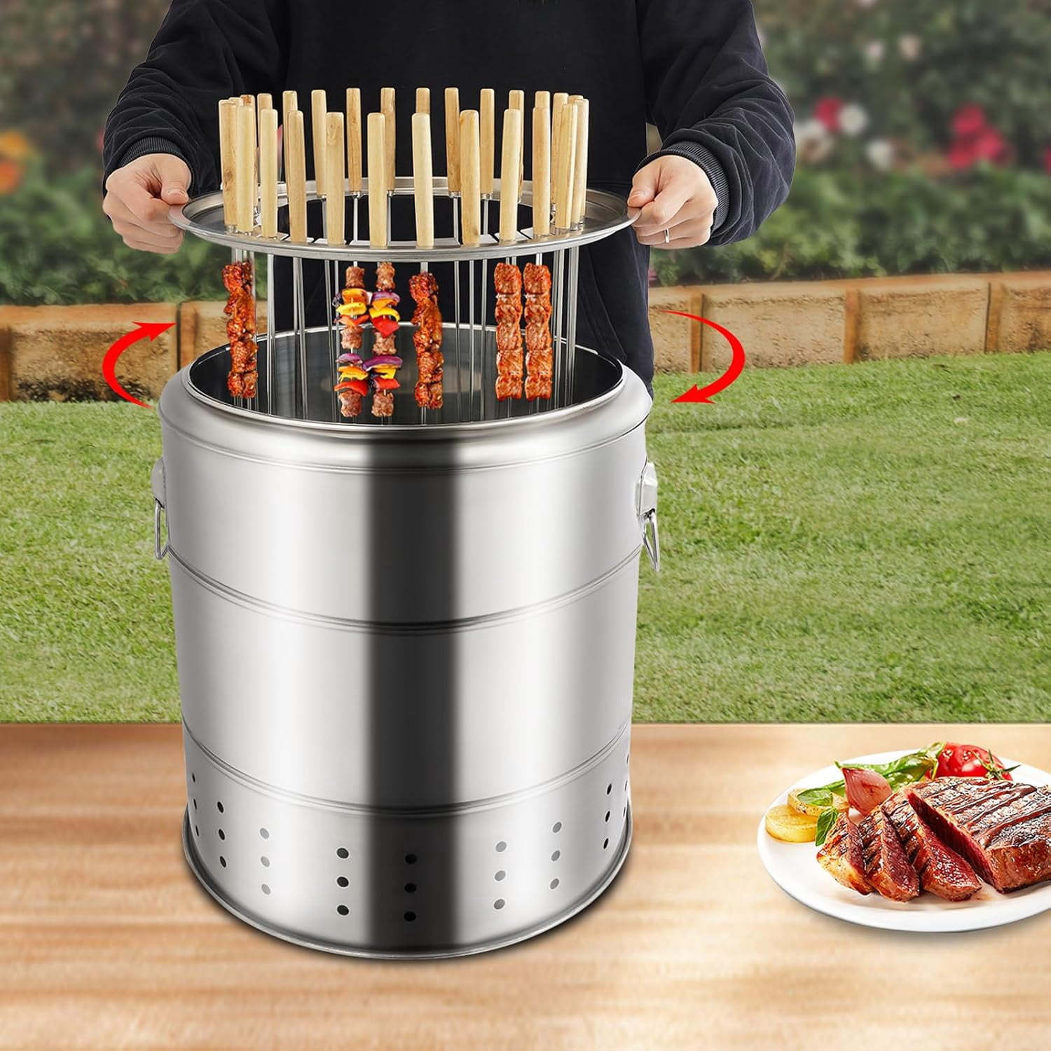 Generic Portable Smokeless Charcoal Barrel Grill, Stainless Steel Kebab BBQ with 28 Skewer Capacity (Silver, 1 Unit) qsnsc