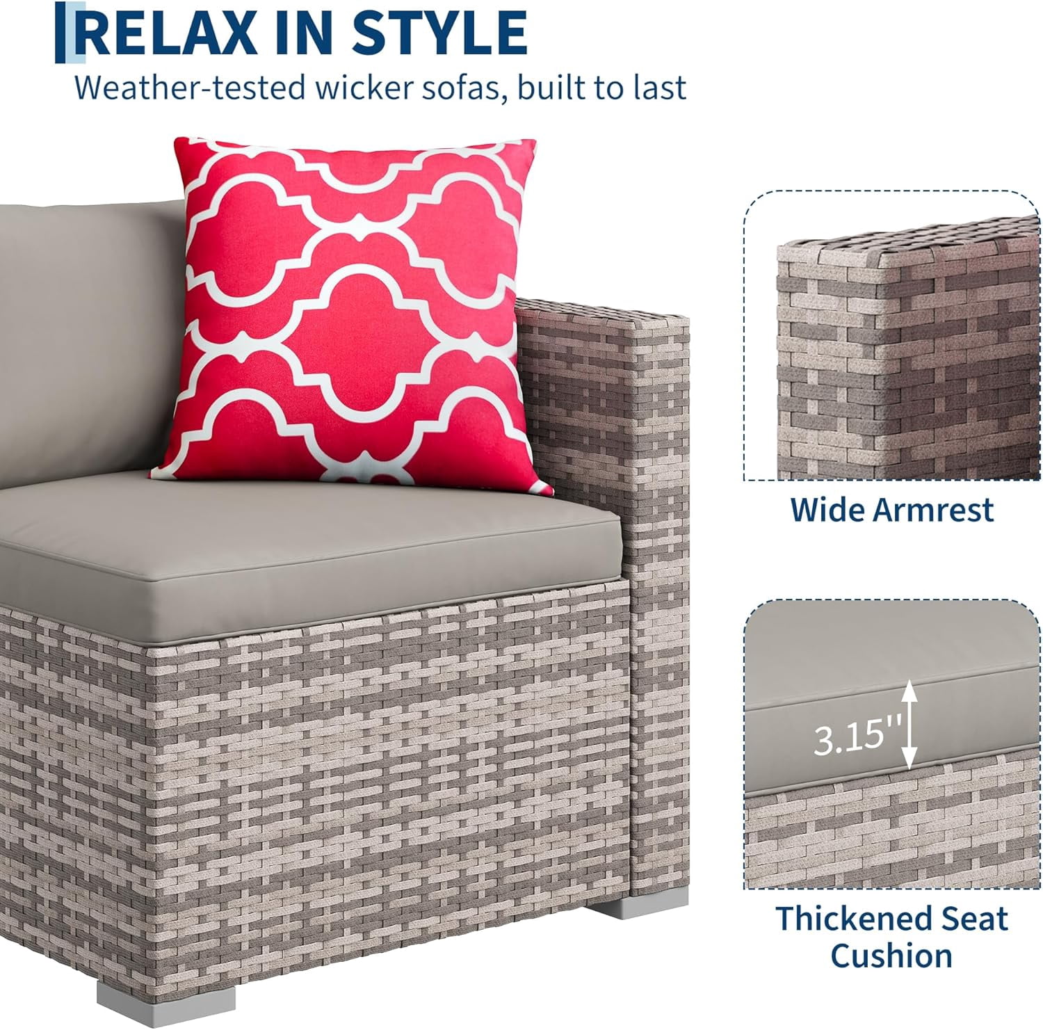 IdealHouse 5-Piece Outdoor Sectional Sofa Set, All-Weather PE Rattan Patio Furniture with Ottoman & Tempered Glass Table (Gray, 5-Piece Set) fbzxn