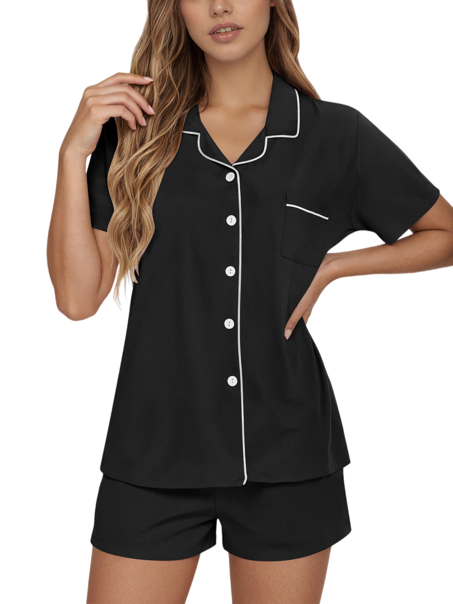 UVN Womens Pajama Set Button Down Short Sleeve Top and Drawstring Shorts Lounge Set (Black, S-3XL) ua1n3