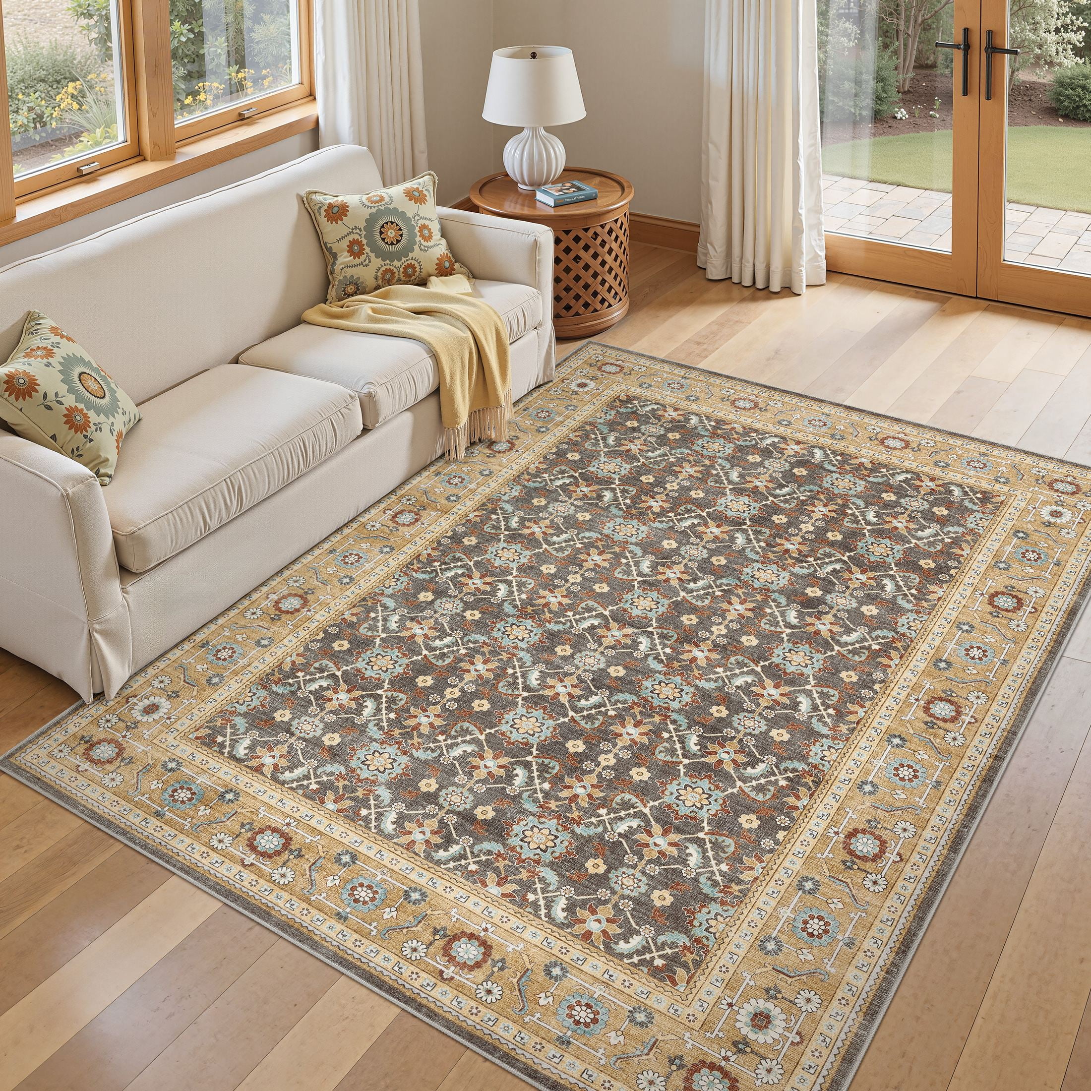 UERMEI Washable Area Rug, Boho Low-Pile Non-Slip Carpet for Living Room and Bedroom (Brown, 5 ft x 7 ft) un0zo