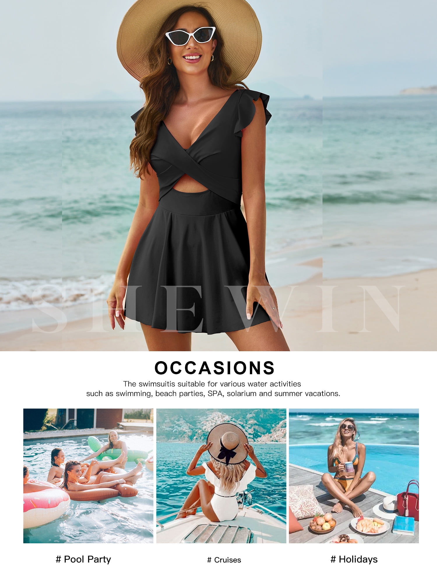 SHEWIN Womens One Piece Swimdress Tummy Control Ruffle Cutout V Neck Swimwear (Black, L) ra17v