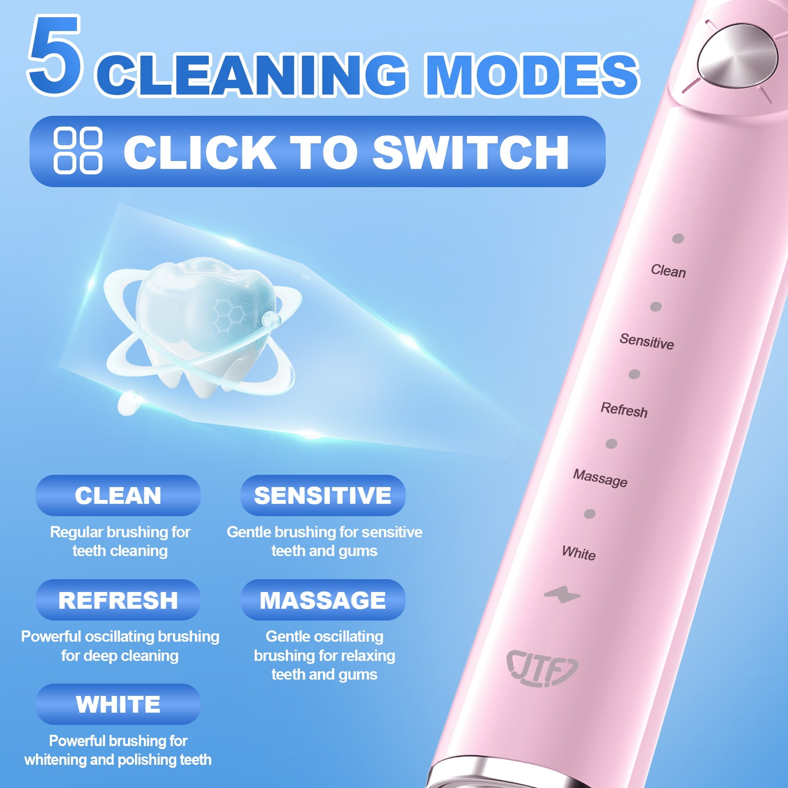 JTF Sonic Electric Toothbrush with Travel Case and 6 Brush Heads (Pink, 1 Pack) ez4fh