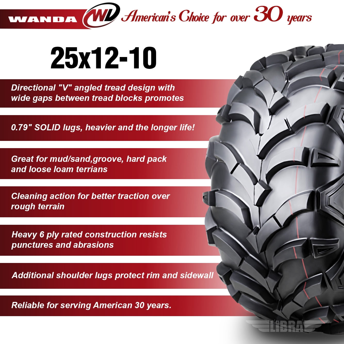 Wanda ATV/UTV Tires P341 All-Terrain Replacement Tires (25x12-10, Set of 2) bl1a5