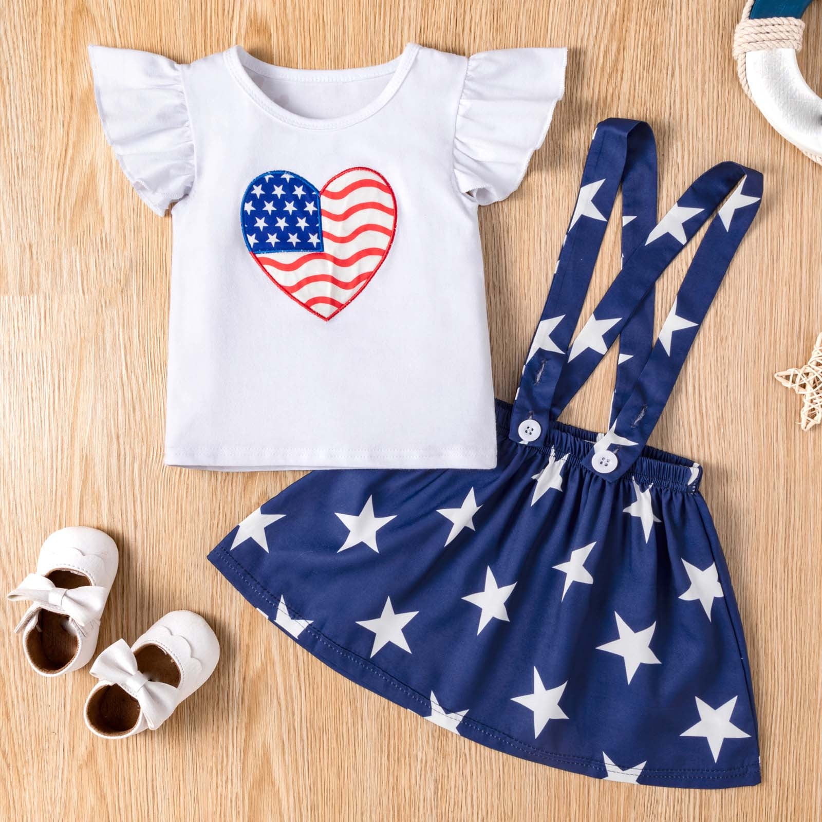 ATOGUTA Toddler Girls 4th of July Outfit Ruffle Sleeve T-Shirt and Suspender Dress Set (White, 3T) fv3hg