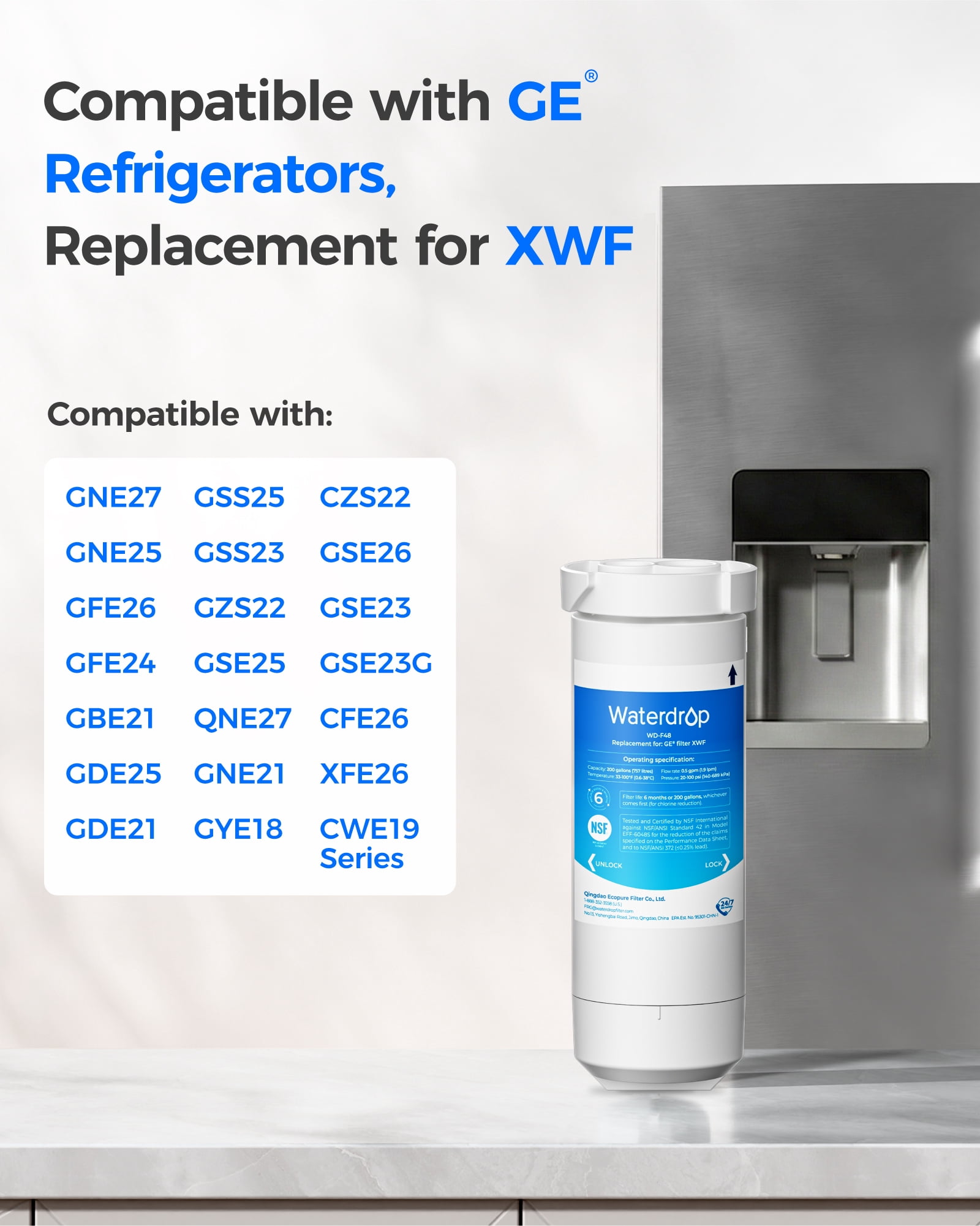 Waterdrop XWF Refrigerator Water Filter Replacement for GE XWF (1 Pack) bsr67