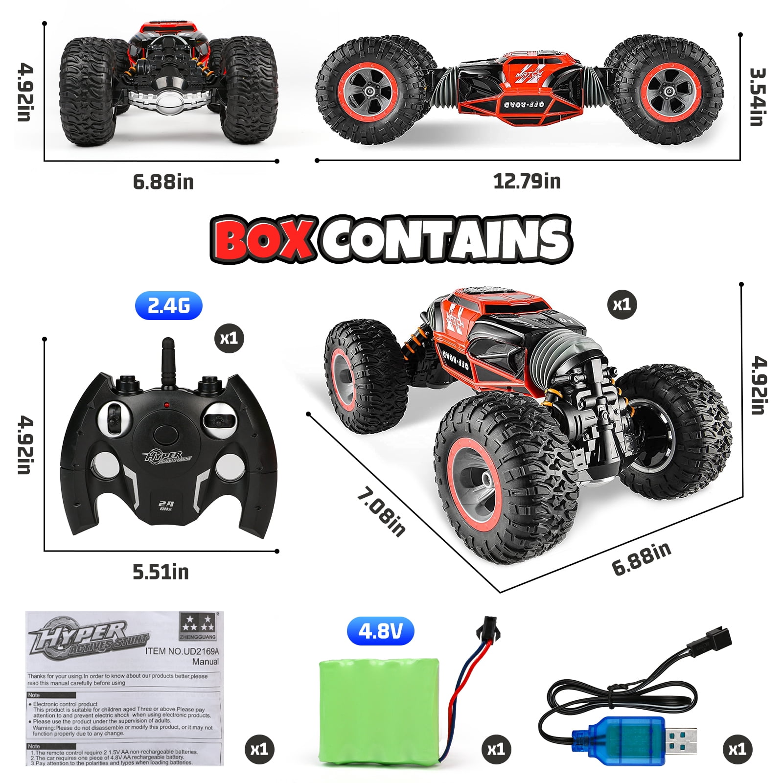 FLOOYES RC Stunt Car 4WD Remote Control Vehicle with LED Lights and Double-Sided Driving (Blue, 1 Pack) l6645