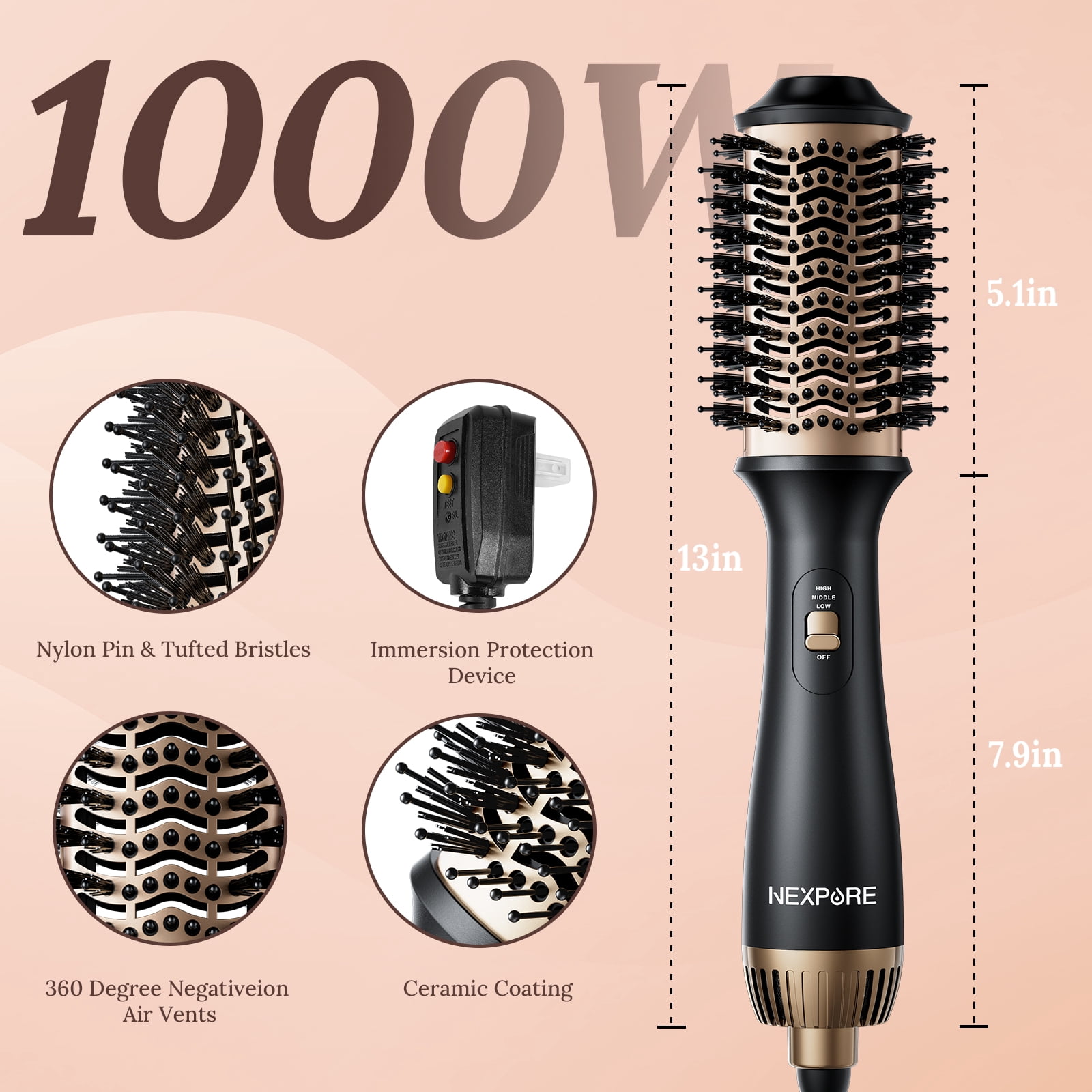 NEXPURE 4-in-1 Hot Air Brush Hair Dryer with Negative Ion Ceramic Titanium Barrel (Gold, 1 Unit) ko0dd