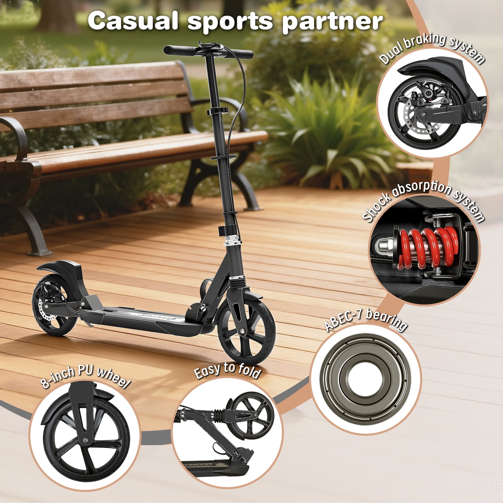 Duomigo Kick Scooter for Teens and Adults, Foldable Commuter Scooter with Hand Brake and 8 in Wheels (Black, 220 lb) pbg6k