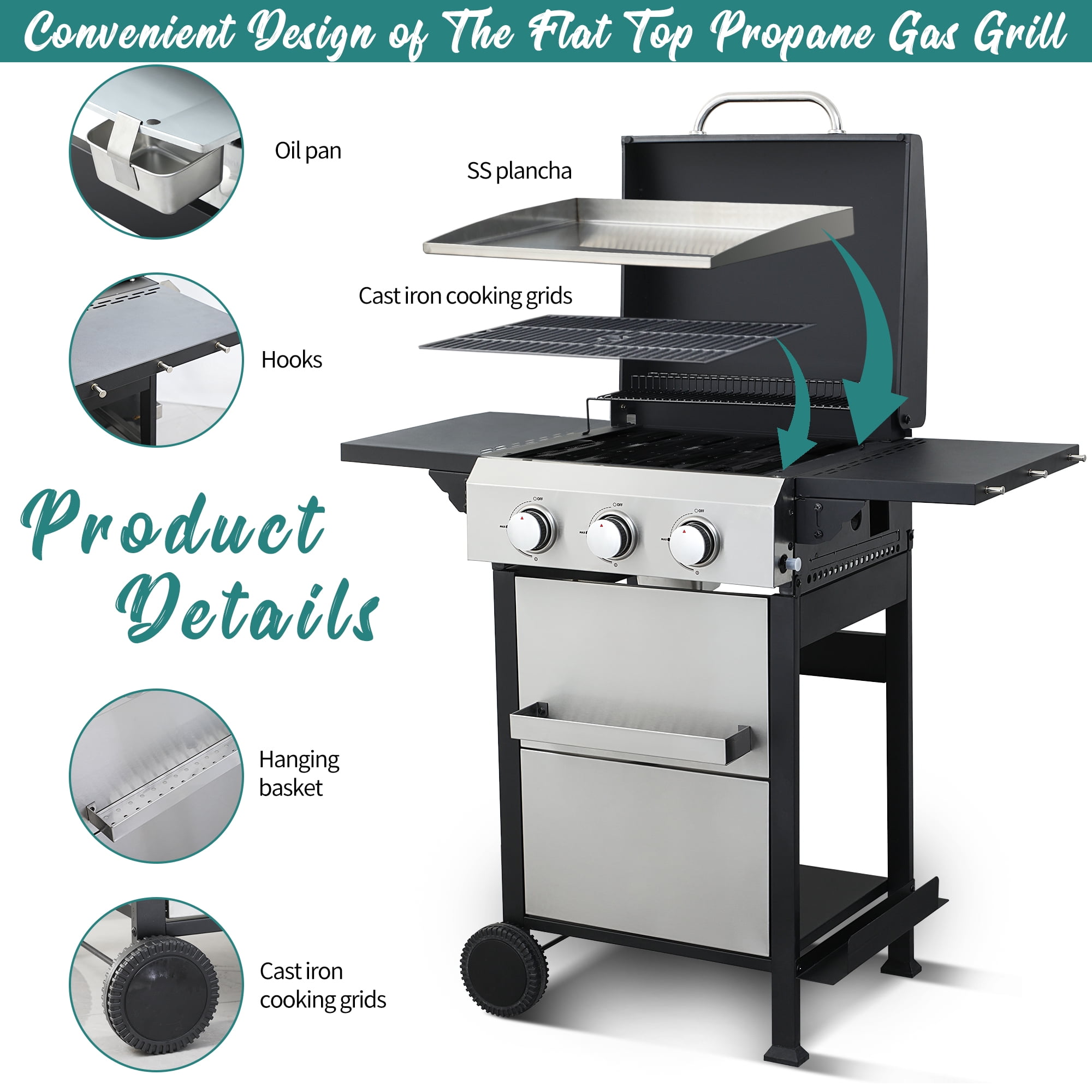 Nice Coker 3-Burner Propane Gas Grill with Griddle Combo, Outdoor BBQ Station with Folding Side Table (Silver, 36,900 BTU) g1qvo